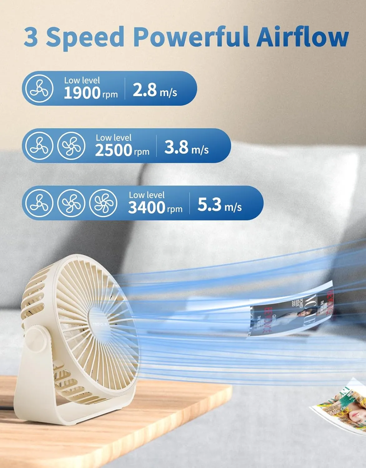 TriPole USB Desk Fan 4.5 Inches Portable Mini Fan Powerful 3 Speeds Wind Personal Desktop Fan with 360 Head Rotation for Home Office Car Indoor Outdoor Beige