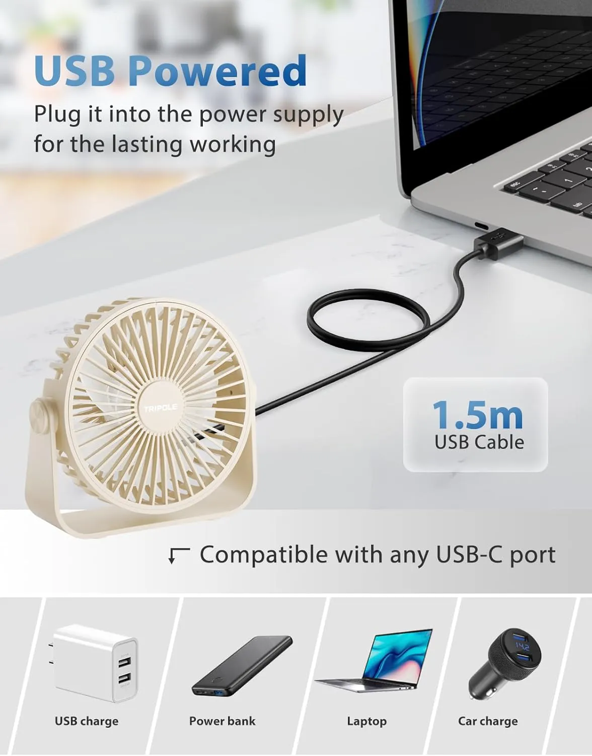 TriPole USB Desk Fan 4.5 Inches Portable Mini Fan Powerful 3 Speeds Wind Personal Desktop Fan with 360 Head Rotation for Home Office Car Indoor Outdoor Beige
