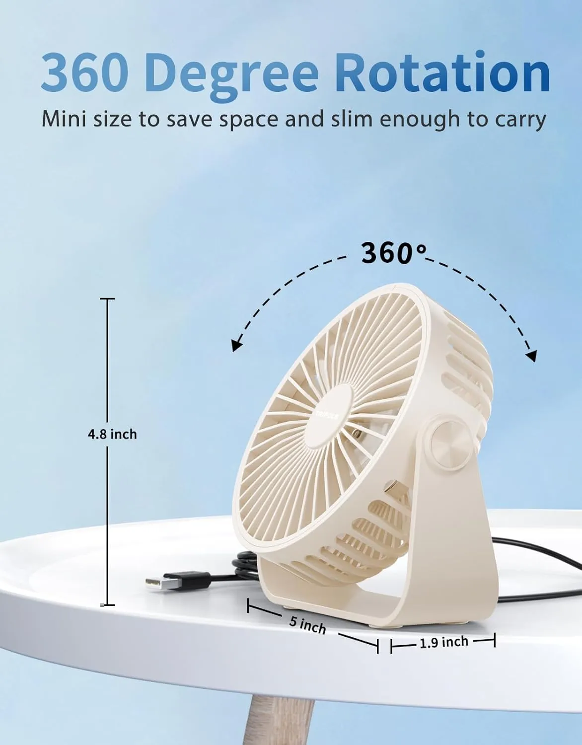 TriPole USB Desk Fan 4.5 Inches Portable Mini Fan Powerful 3 Speeds Wind Personal Desktop Fan with 360 Head Rotation for Home Office Car Indoor Outdoor Beige