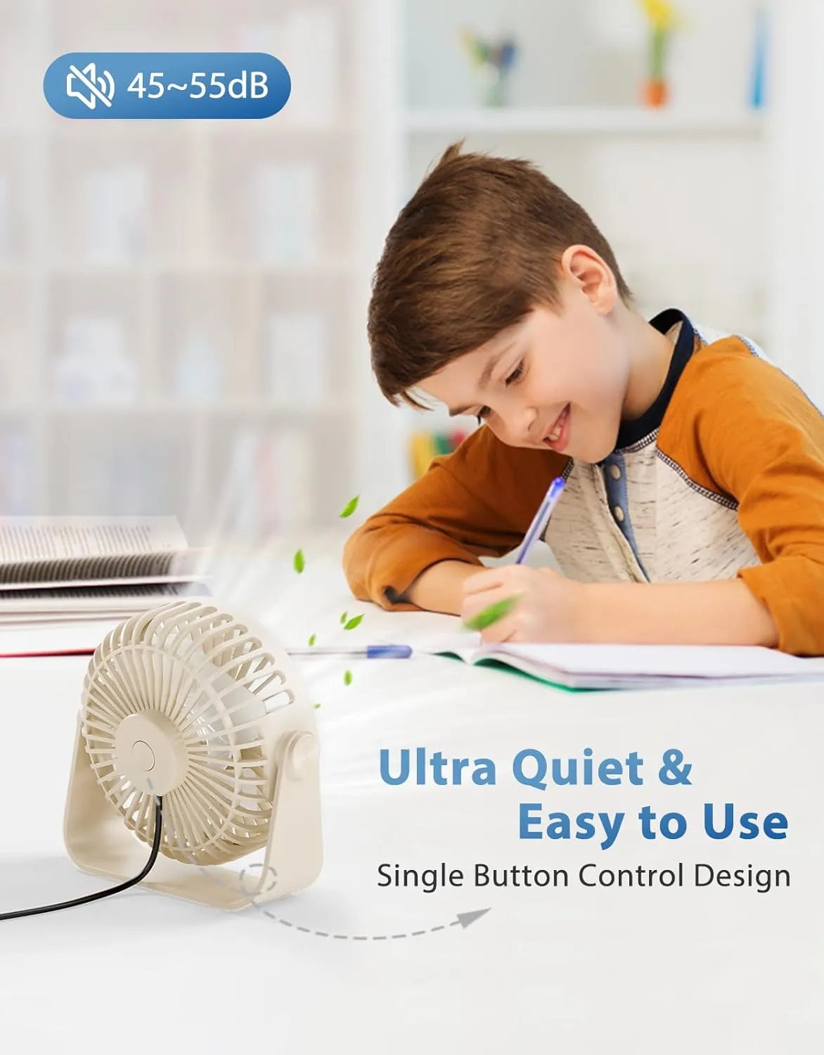 TriPole USB Desk Fan 4.5 Inches Portable Mini Fan Powerful 3 Speeds Wind Personal Desktop Fan with 360 Head Rotation for Home Office Car Indoor Outdoor Beige