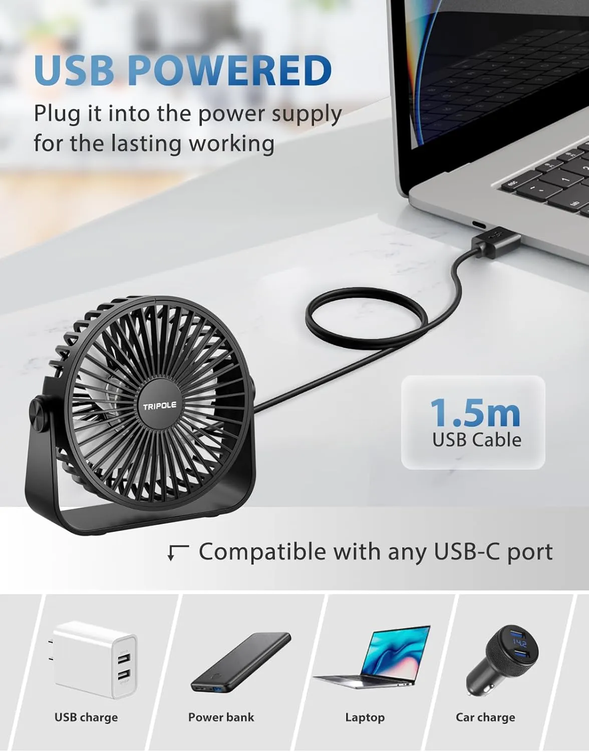 TriPole USB Desk Fan 4.5 Inches Portable Mini Fan Powerful 3 Speeds Wind Personal Desktop Fan with 360 Head Rotation for Home Office Car Indoor Outdoor Black