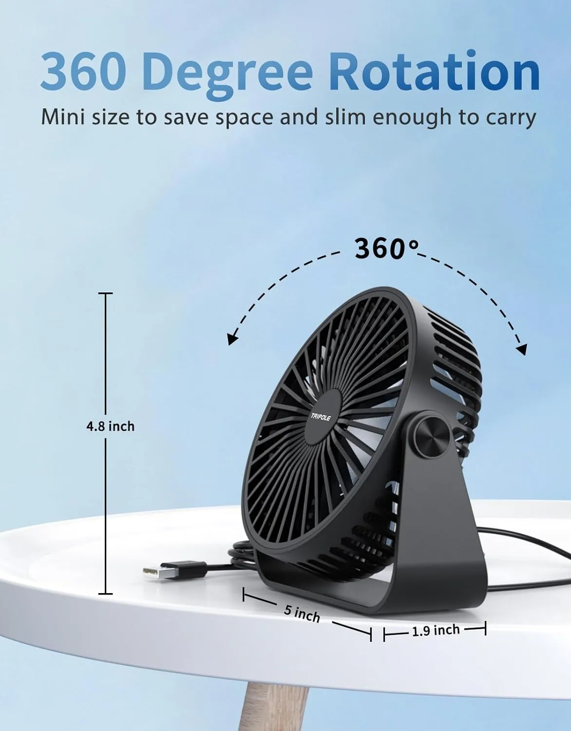 TriPole USB Desk Fan 4.5 Inches Portable Mini Fan Powerful 3 Speeds Wind Personal Desktop Fan with 360 Head Rotation for Home Office Car Indoor Outdoor Black