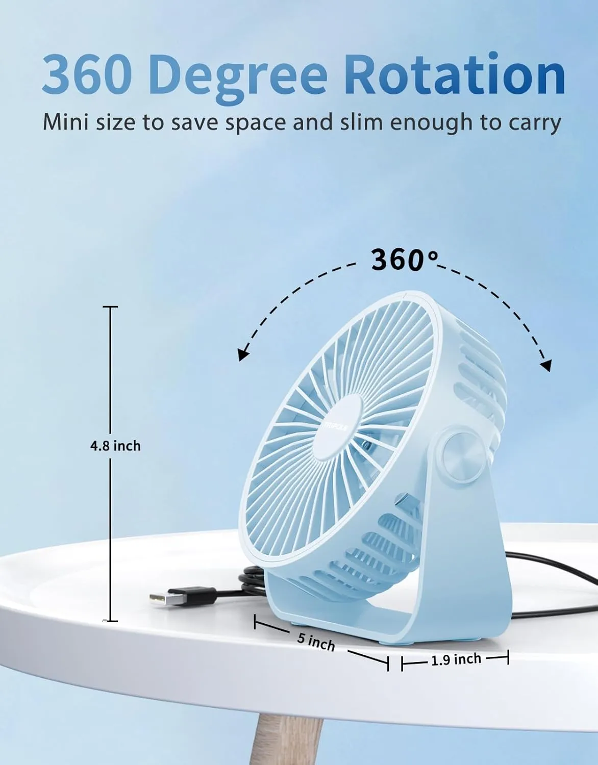 TriPole USB Desk Fan 4.5 Inches Portable Mini Fan Powerful 3 Speeds Wind Personal Desktop Fan with 360 Head Rotation for Home Office Car Indoor Outdoor Blue
