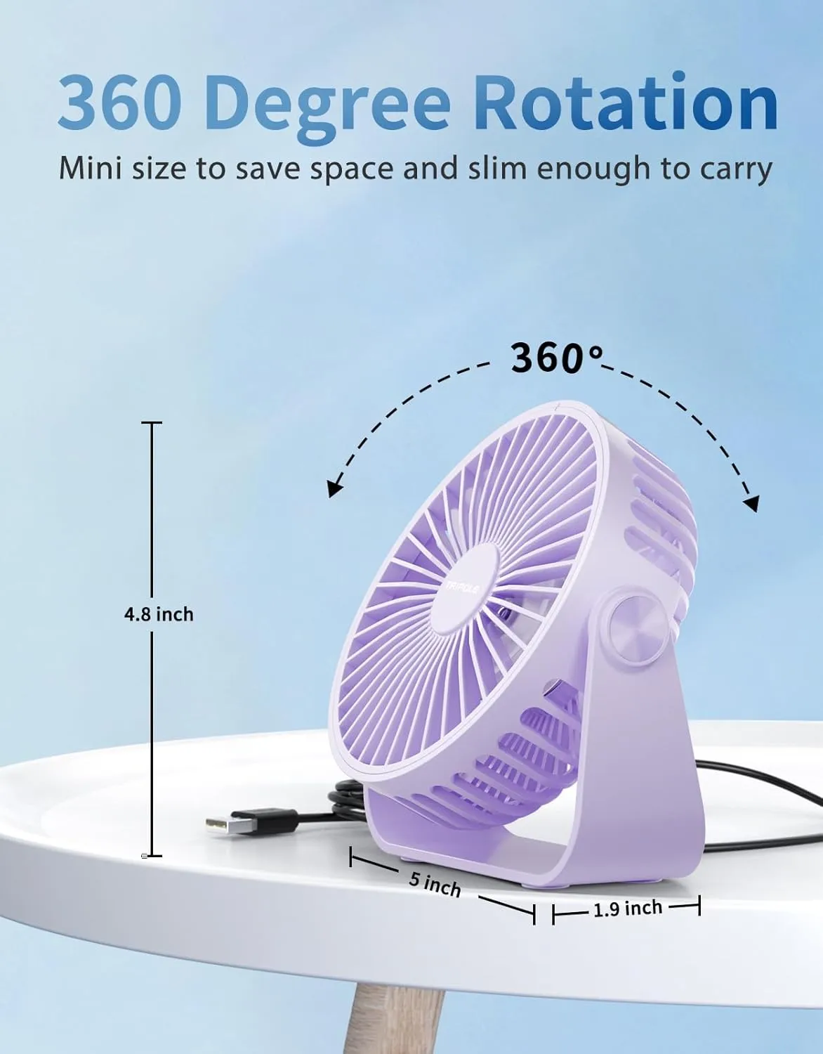 TriPole USB Desk Fan 4.5 Inches Portable Mini Fan Powerful 3 Speeds Wind Personal Desktop Fan with 360 Head Rotation for Home Office Car Indoor Outdoor Light Purple