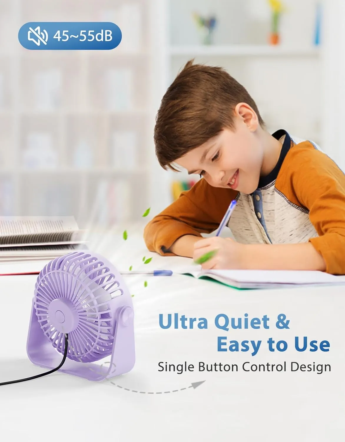 TriPole USB Desk Fan 4.5 Inches Portable Mini Fan Powerful 3 Speeds Wind Personal Desktop Fan with 360 Head Rotation for Home Office Car Indoor Outdoor Light Purple
