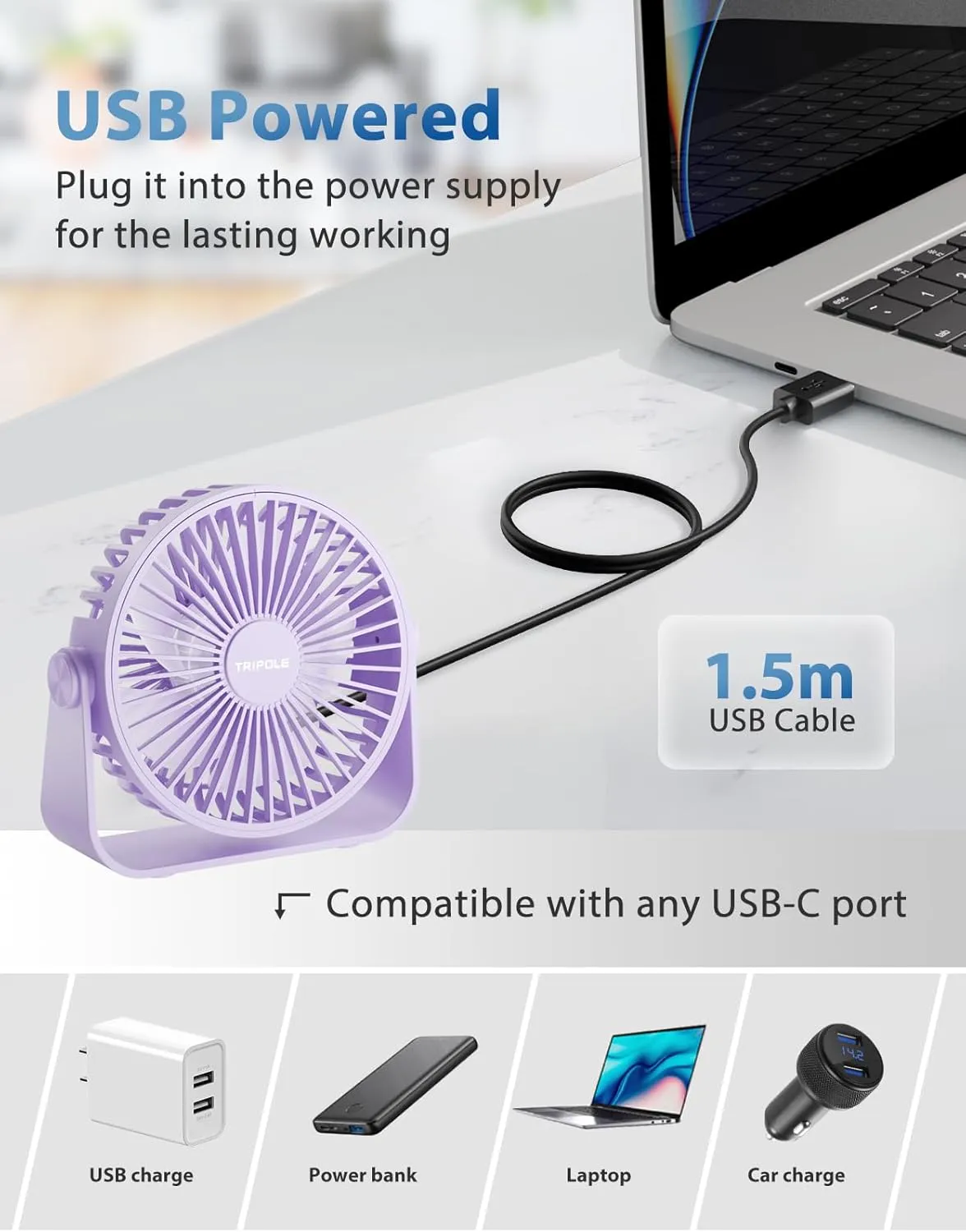 TriPole USB Desk Fan 4.5 Inches Portable Mini Fan Powerful 3 Speeds Wind Personal Desktop Fan with 360 Head Rotation for Home Office Car Indoor Outdoor Light Purple