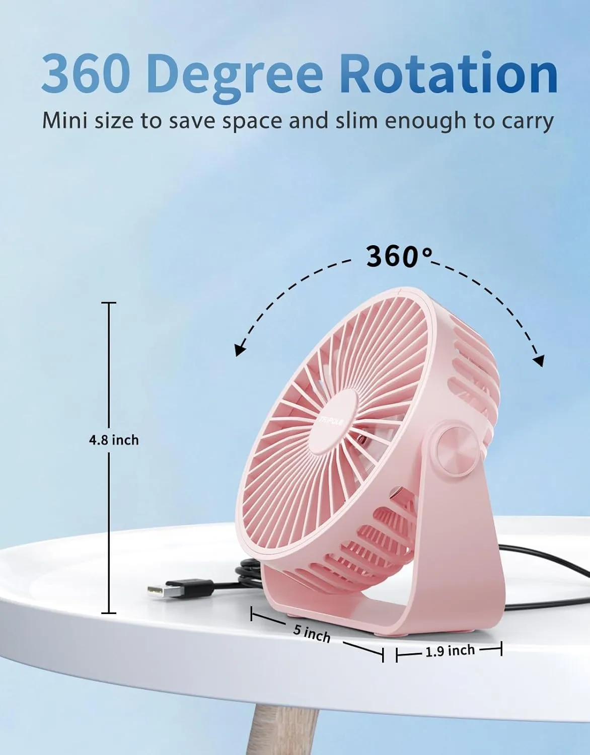TriPole USB Desk Fan 4.5 Inches Portable Mini Fan Powerful 3 Speeds Wind Personal Desktop Fan with 360 Head Rotation for Home Office Car Indoor Outdoor Pink