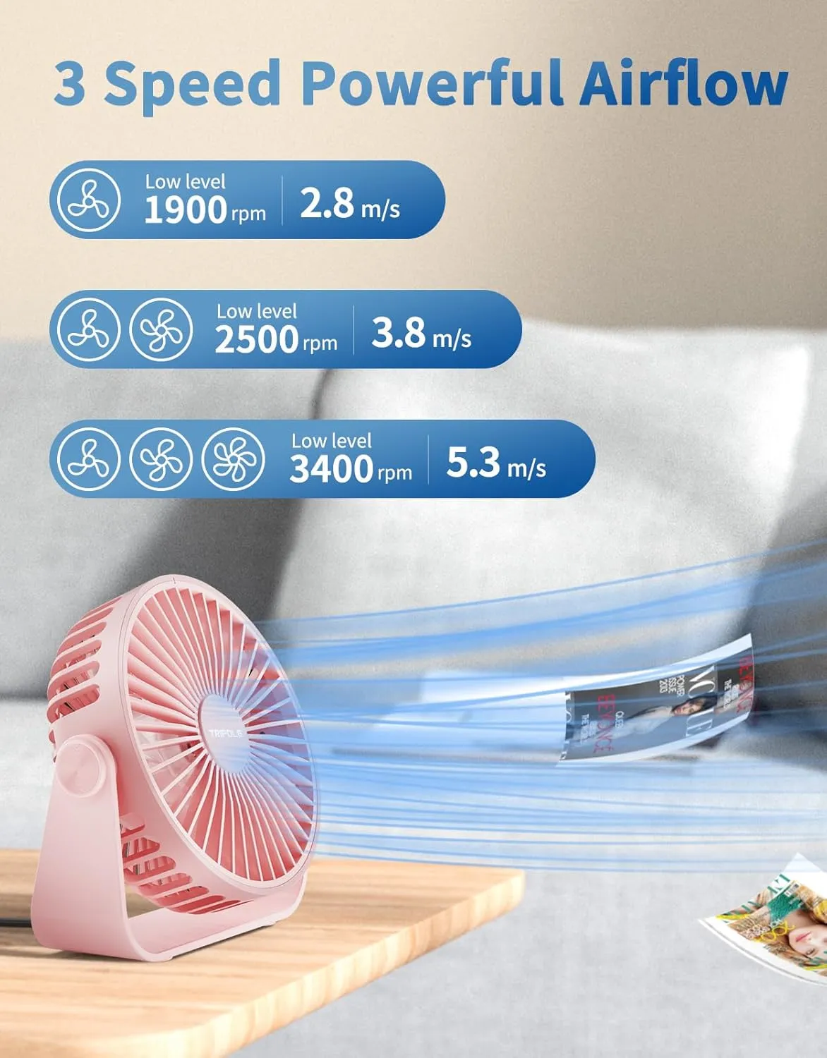 TriPole USB Desk Fan 4.5 Inches Portable Mini Fan Powerful 3 Speeds Wind Personal Desktop Fan with 360 Head Rotation for Home Office Car Indoor Outdoor Pink