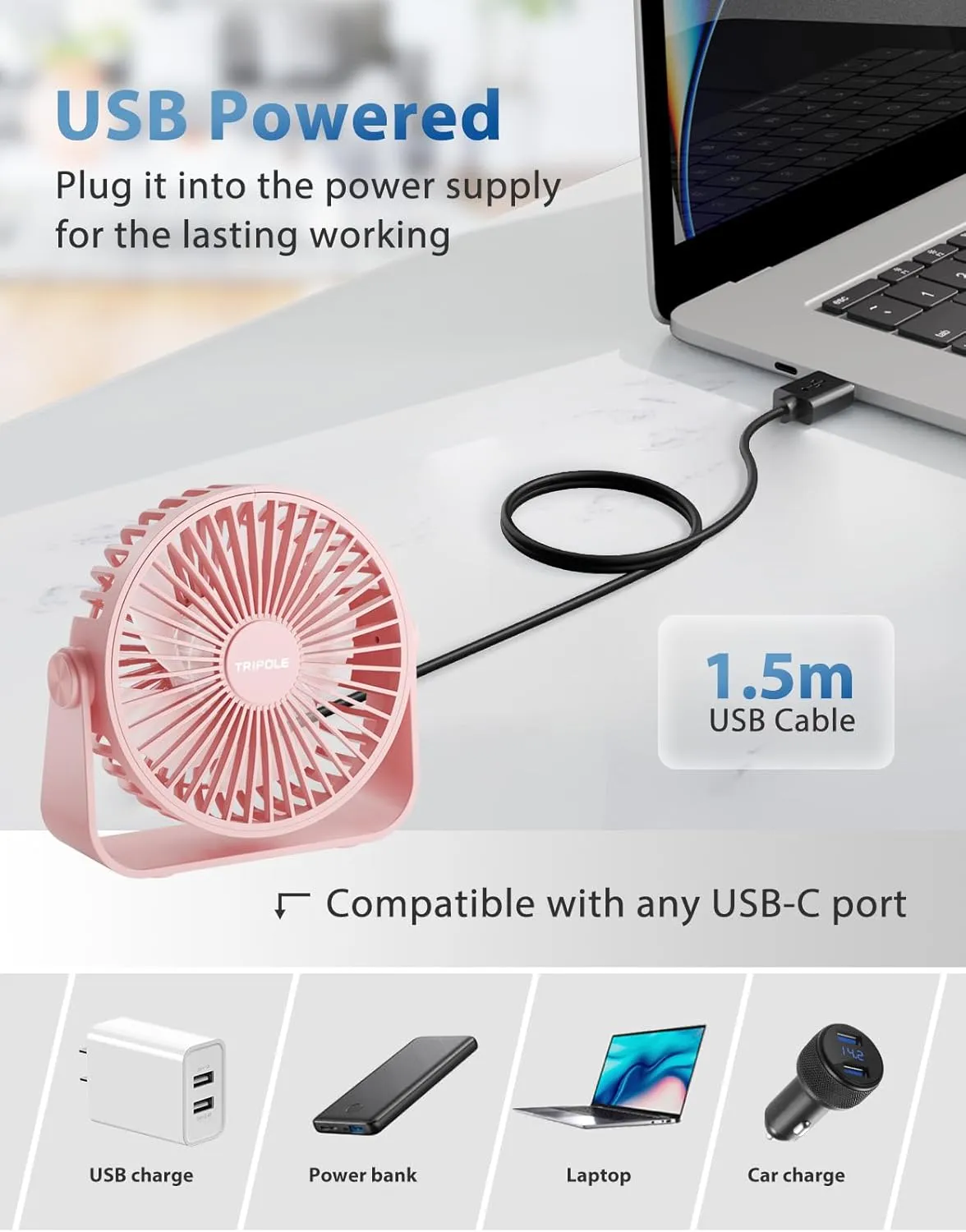 TriPole USB Desk Fan 4.5 Inches Portable Mini Fan Powerful 3 Speeds Wind Personal Desktop Fan with 360 Head Rotation for Home Office Car Indoor Outdoor Pink