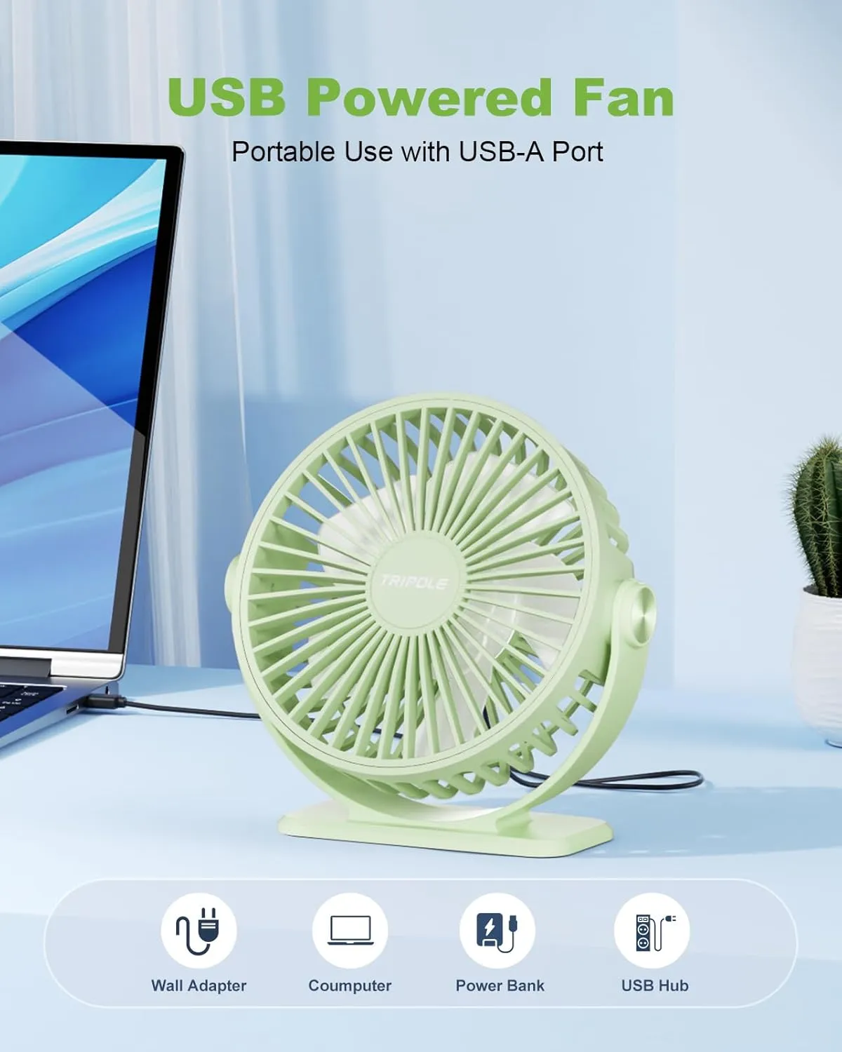 TriPole USB Desk Fan Mini Portable Fan, 3 Speeds Strong Breeze Small Electric Fans, 360 Rotation Quiet Plug In Personal USB Fans for Desktop Bedroom Office Table Travel Cruise, Green, 4.5in