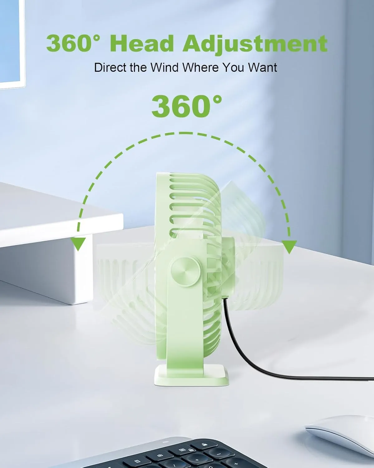 TriPole USB Desk Fan Mini Portable Fan, 3 Speeds Strong Breeze Small Electric Fans, 360 Rotation Quiet Plug In Personal USB Fans for Desktop Bedroom Office Table Travel Cruise, Green, 4.5in