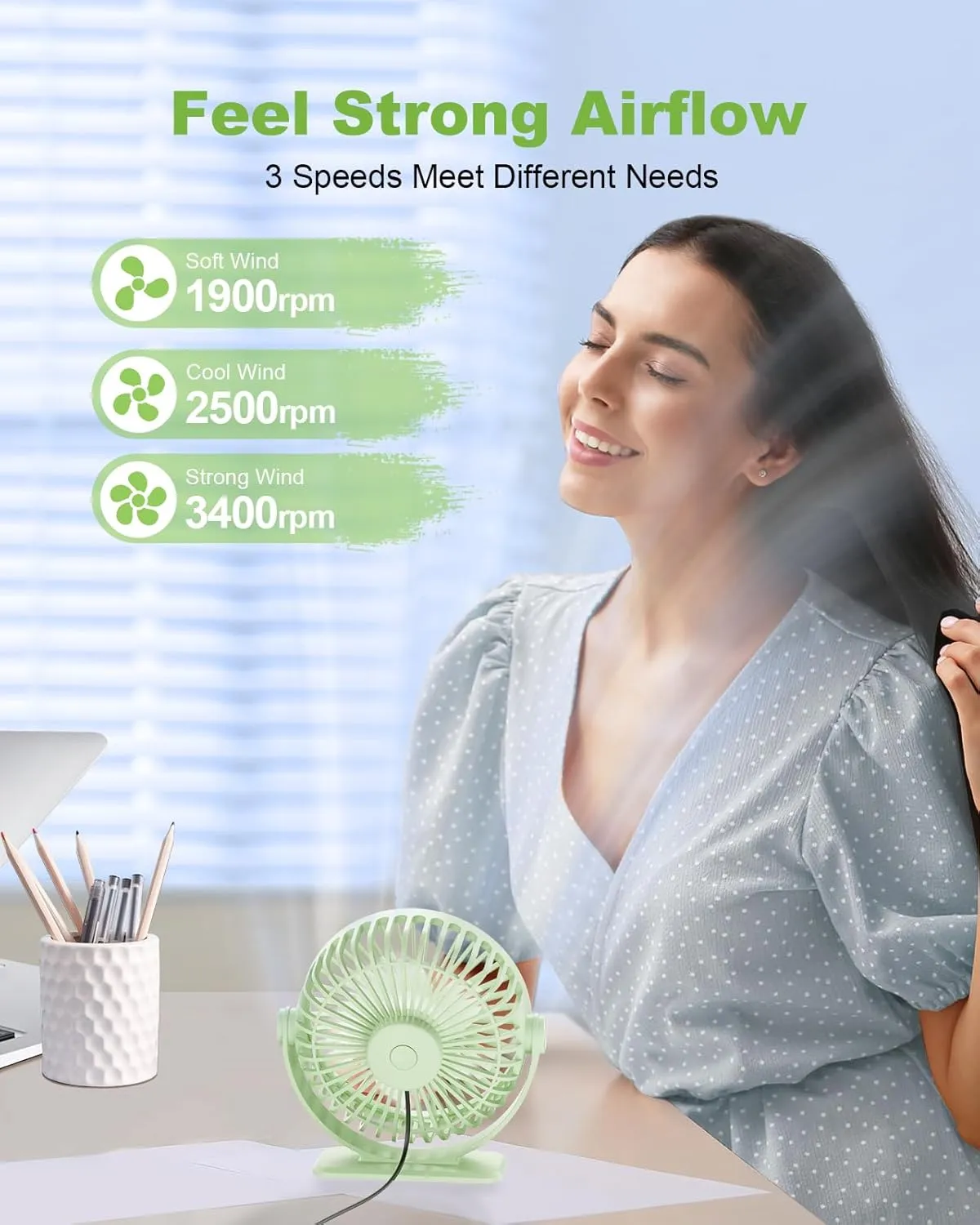TriPole USB Desk Fan Mini Portable Fan, 3 Speeds Strong Breeze Small Electric Fans, 360 Rotation Quiet Plug In Personal USB Fans for Desktop Bedroom Office Table Travel Cruise, Green, 4.5in