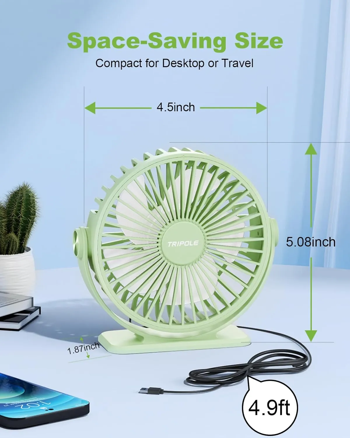 TriPole USB Desk Fan Mini Portable Fan, 3 Speeds Strong Breeze Small Electric Fans, 360 Rotation Quiet Plug In Personal USB Fans for Desktop Bedroom Office Table Travel Cruise, Green, 4.5in