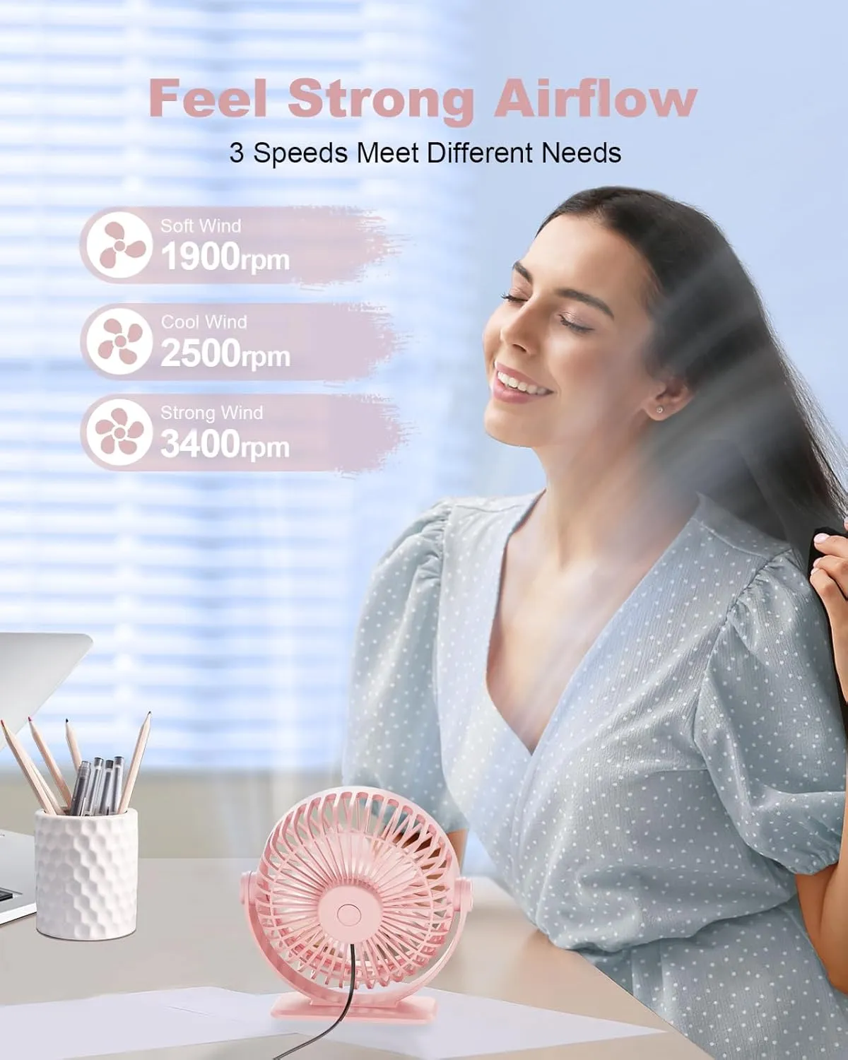 TriPole USB Desk Fan Mini Portable Personal Fan, 3 Speeds Adjustable Strong Breeze Small Electric Fan, 360 Rotation Quiet Plug In USB Fan for Desktop Bedroom Office Table Travel Cruise, Pink, 4.5in