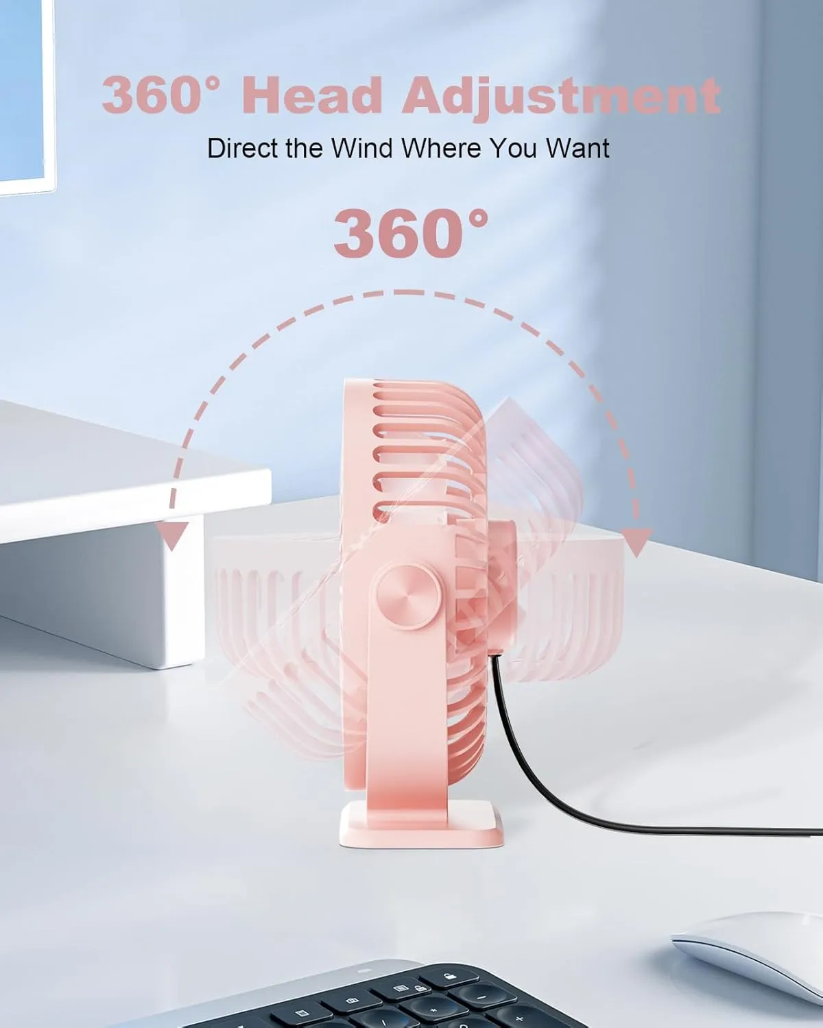 TriPole USB Desk Fan Mini Portable Personal Fan, 3 Speeds Adjustable Strong Breeze Small Electric Fan, 360 Rotation Quiet Plug In USB Fan for Desktop Bedroom Office Table Travel Cruise, Pink, 4.5in