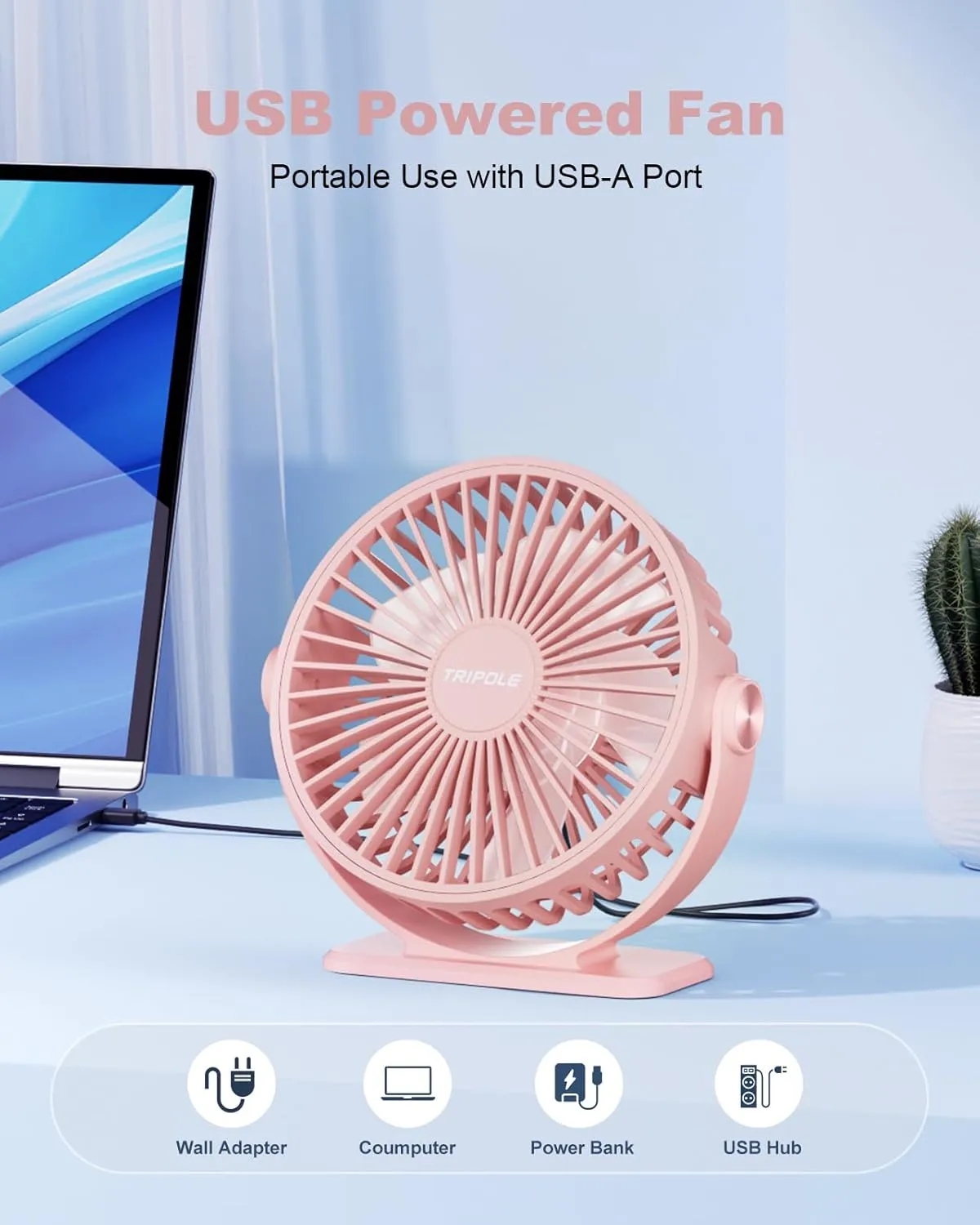 TriPole USB Desk Fan Mini Portable Personal Fan, 3 Speeds Adjustable Strong Breeze Small Electric Fan, 360 Rotation Quiet Plug In USB Fan for Desktop Bedroom Office Table Travel Cruise, Pink, 4.5in