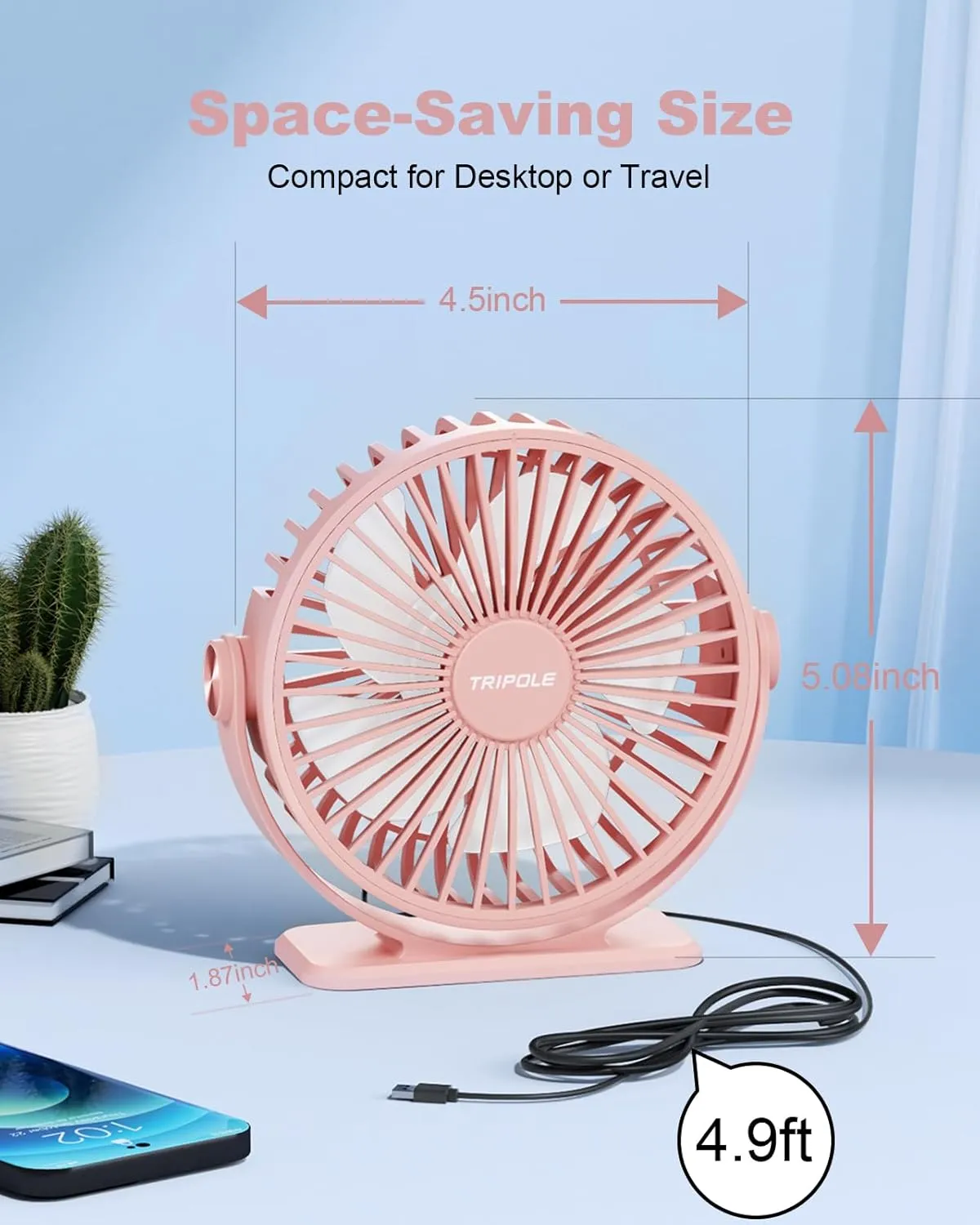 TriPole USB Desk Fan Mini Portable Personal Fan, 3 Speeds Adjustable Strong Breeze Small Electric Fan, 360 Rotation Quiet Plug In USB Fan for Desktop Bedroom Office Table Travel Cruise, Pink, 4.5in