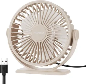 TriPole USB Desk Fan Small Portable Personal Fan, 3 Speeds Adjustable Strong Breeze Mini Electric Fan, 360 Rotation Quiet Plug In USB Fan for Desktop Bedroom Office Table Travel Cruise, Beige, 4.5in USB desktop fan for workspace