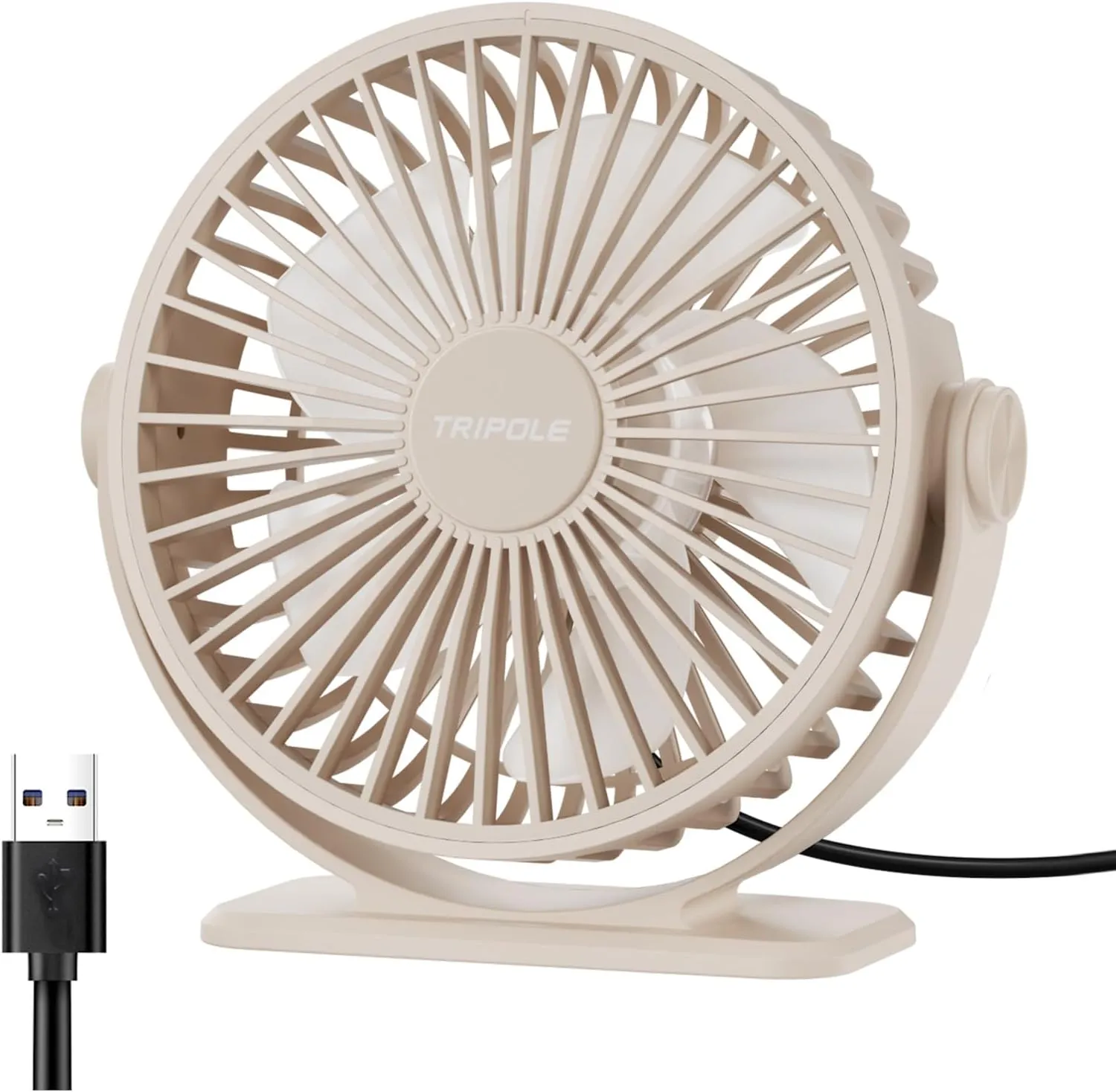 TriPole USB Desk Fan Small Portable Personal Fan, 3 Speeds Adjustable Strong Breeze Mini Electric Fan, 360 Rotation Quiet Plug In USB Fan for Desktop Bedroom Office Table Travel Cruise, Beige, 4.5in USB desktop fan for workspace
