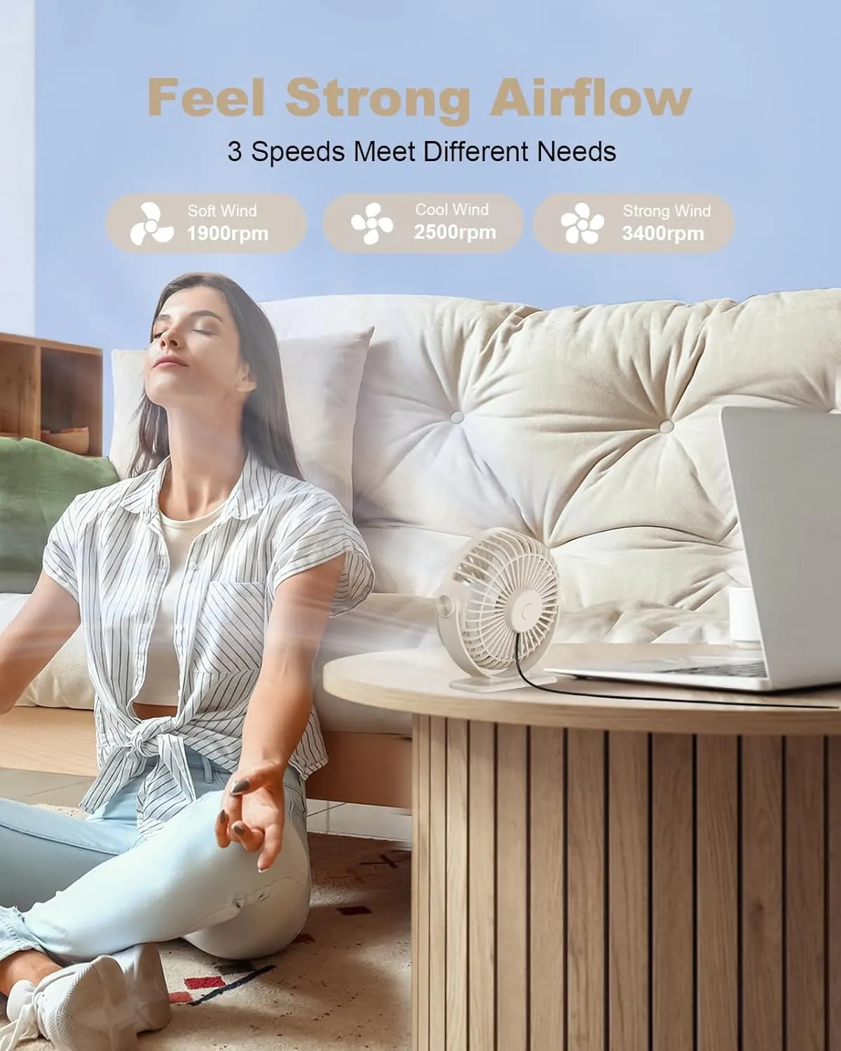 TriPole USB Desk Fan Small Portable Personal Fan, 3 Speeds Adjustable Strong Breeze Mini Electric Fan, 360 Rotation Quiet Plug In USB Fan for Desktop Bedroom Office Table Travel Cruise, Beige, 4.5in