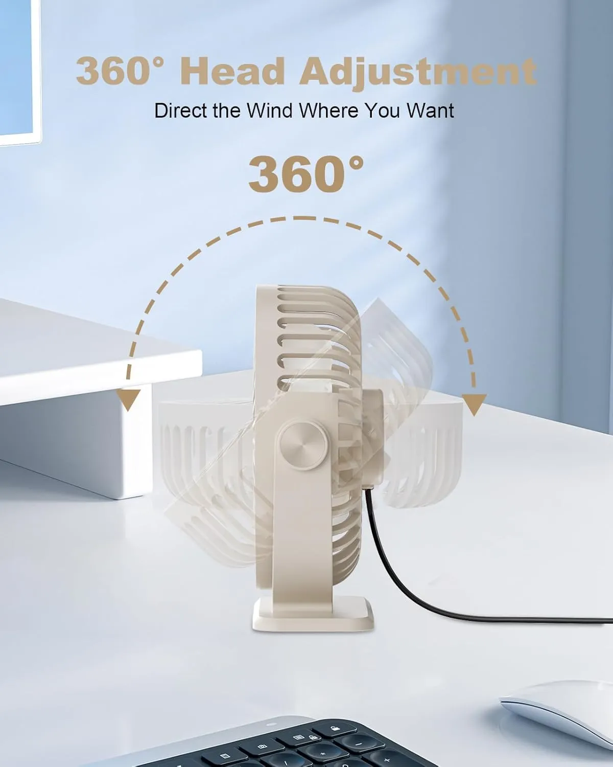 TriPole USB Desk Fan Small Portable Personal Fan, 3 Speeds Adjustable Strong Breeze Mini Electric Fan, 360 Rotation Quiet Plug In USB Fan for Desktop Bedroom Office Table Travel Cruise, Beige, 4.5in