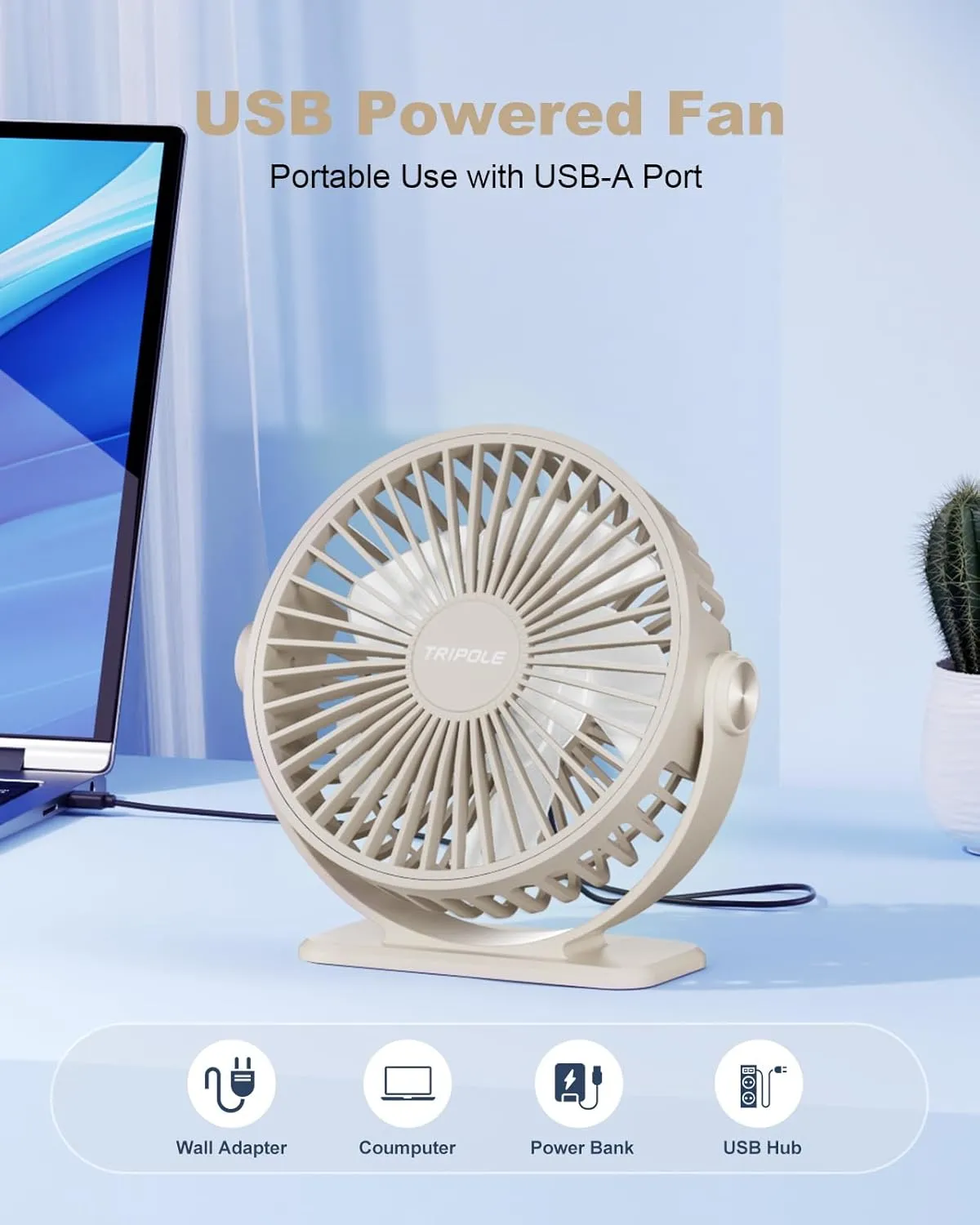 TriPole USB Desk Fan Small Portable Personal Fan, 3 Speeds Adjustable Strong Breeze Mini Electric Fan, 360 Rotation Quiet Plug In USB Fan for Desktop Bedroom Office Table Travel Cruise, Beige, 4.5in