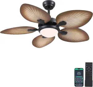 Tropical Ceiling Fans with Lights and Remote/APP Control, 44 Inch Palm Leaf Ceiling Fan with LED Lights, Outdoor Ceiling Fans for Patios Porch, Reversible Quiet Motor, Dimmable, Wood Grain App-controlled remote fan for convenience