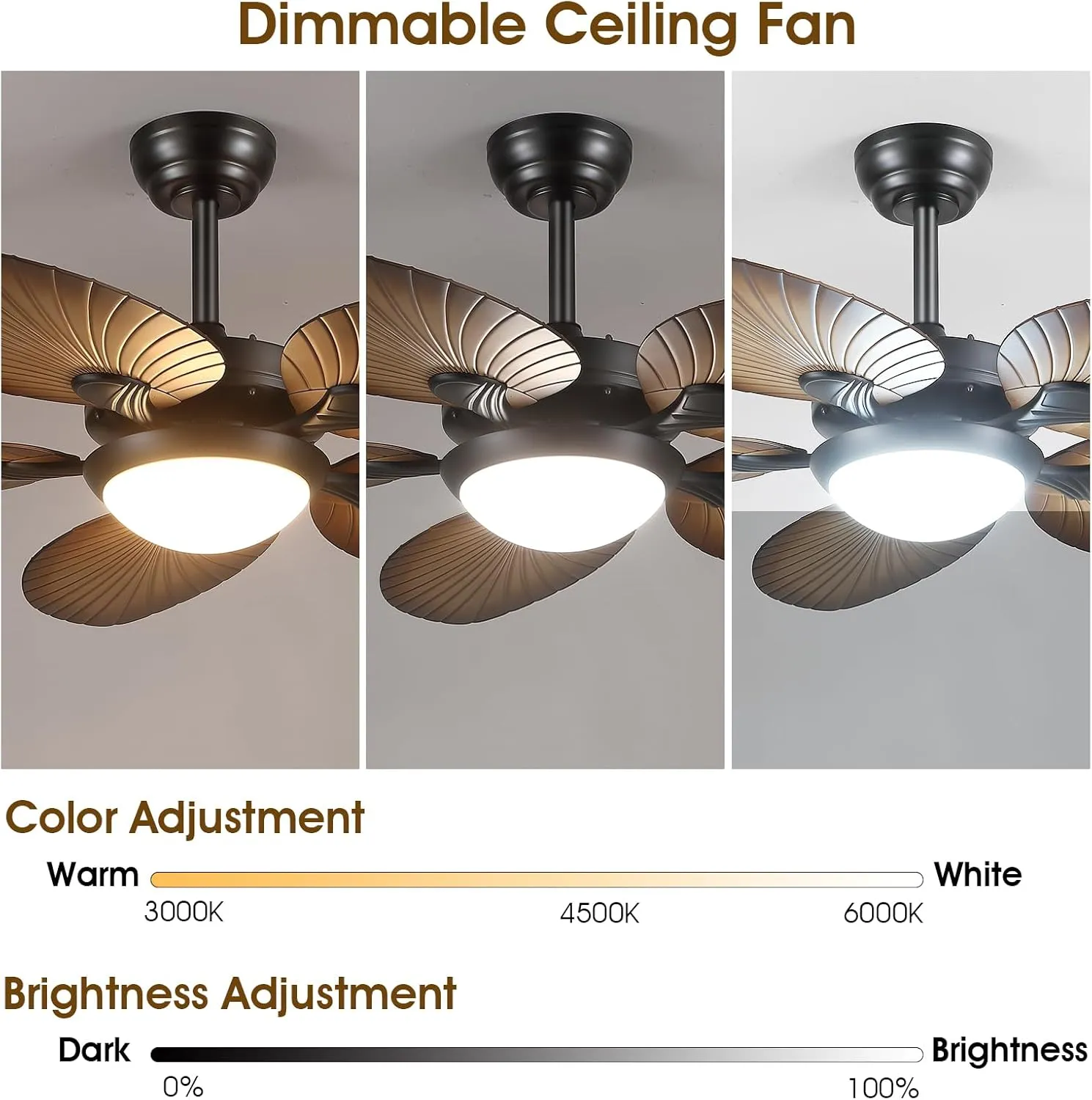 Tropical Ceiling Fans with Lights and Remote/APP Control, 44 Inch Palm Leaf Ceiling Fan with LED Lights, Outdoor Ceiling Fans for Patios Porch, Reversible Quiet Motor, Dimmable, Wood Grain