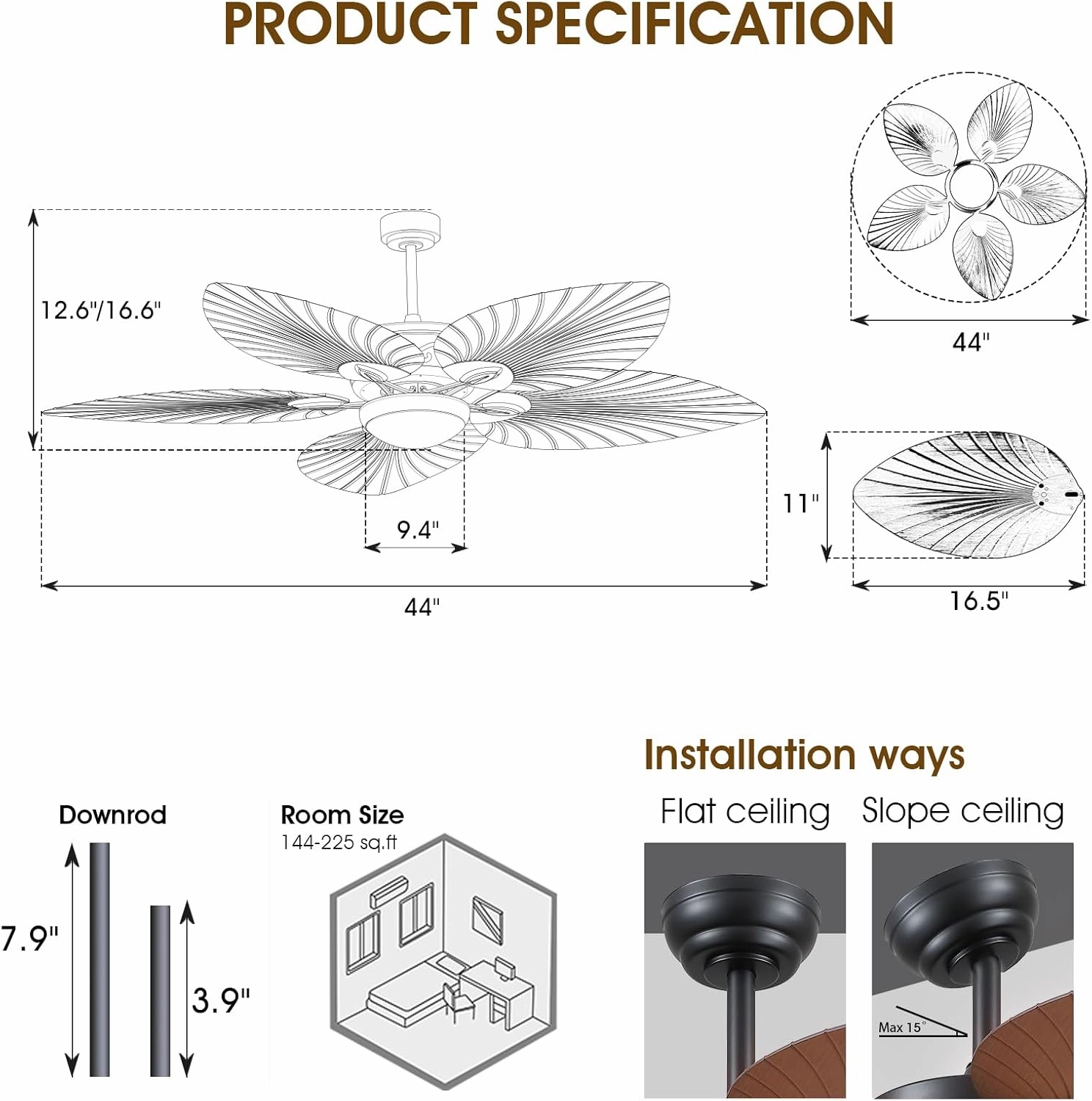 Tropical Ceiling Fans with Lights and Remote/APP Control, 44 Inch Palm Leaf Ceiling Fan with LED Lights, Outdoor Ceiling Fans for Patios Porch, Reversible Quiet Motor, Dimmable, Dark Brown