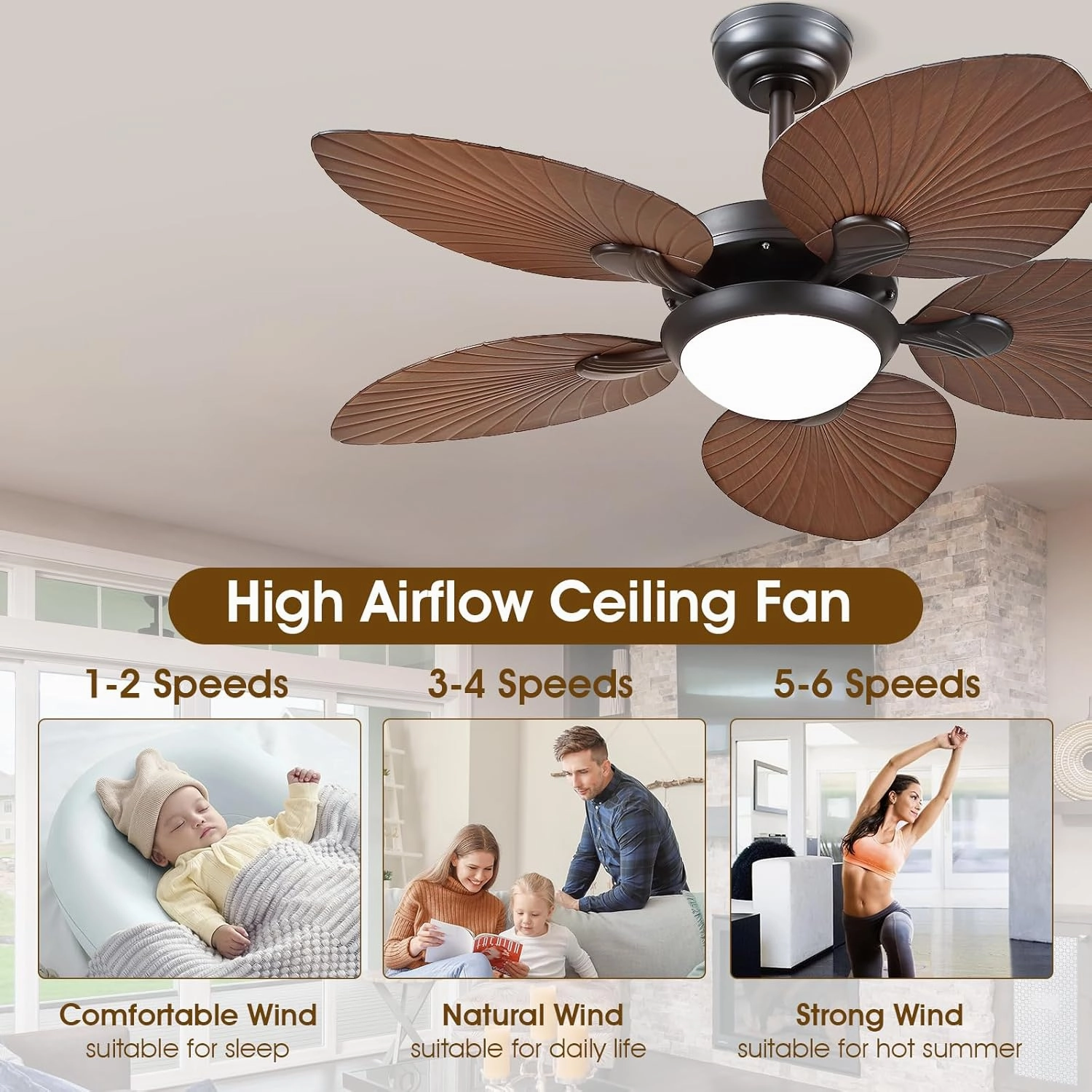 Tropical Ceiling Fans with Lights and Remote/APP Control, 44 Inch Palm Leaf Ceiling Fan with LED Lights, Outdoor Ceiling Fans for Patios Porch, Reversible Quiet Motor, Dimmable, Light Brown