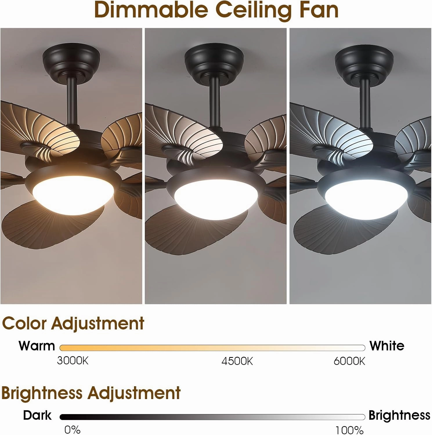 Tropical Ceiling Fans with Lights and Remote/APP Control, 44 Inch Palm Leaf Ceiling Fan with LED Lights, Outdoor Ceiling Fans for Patios Porch, Reversible Quiet Motor, Dimmable, Light Brown