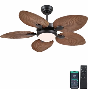 Tropical Ceiling Fans with Lights and Remote/APP Control, 44 Inch Palm Leaf Ceiling Fan with LED Lights, Outdoor Ceiling Fans for Patios Porch, Reversible Quiet Motor, Dimmable, Light Brown App-controlled remote fan for convenience