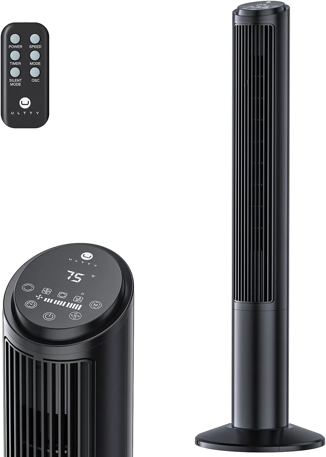 U ULTTY Tower Fan for Bedroom, Standing Fan that Blows Cold Air for Home, 28dB Quiet for Sleep, Remote, 80 Oscillation, 15H Timer, 25ft/s Velocity, 3 Speeds, 4 Modes, Bladeless 40 inch, Black Tower bladeless fan for modern homes