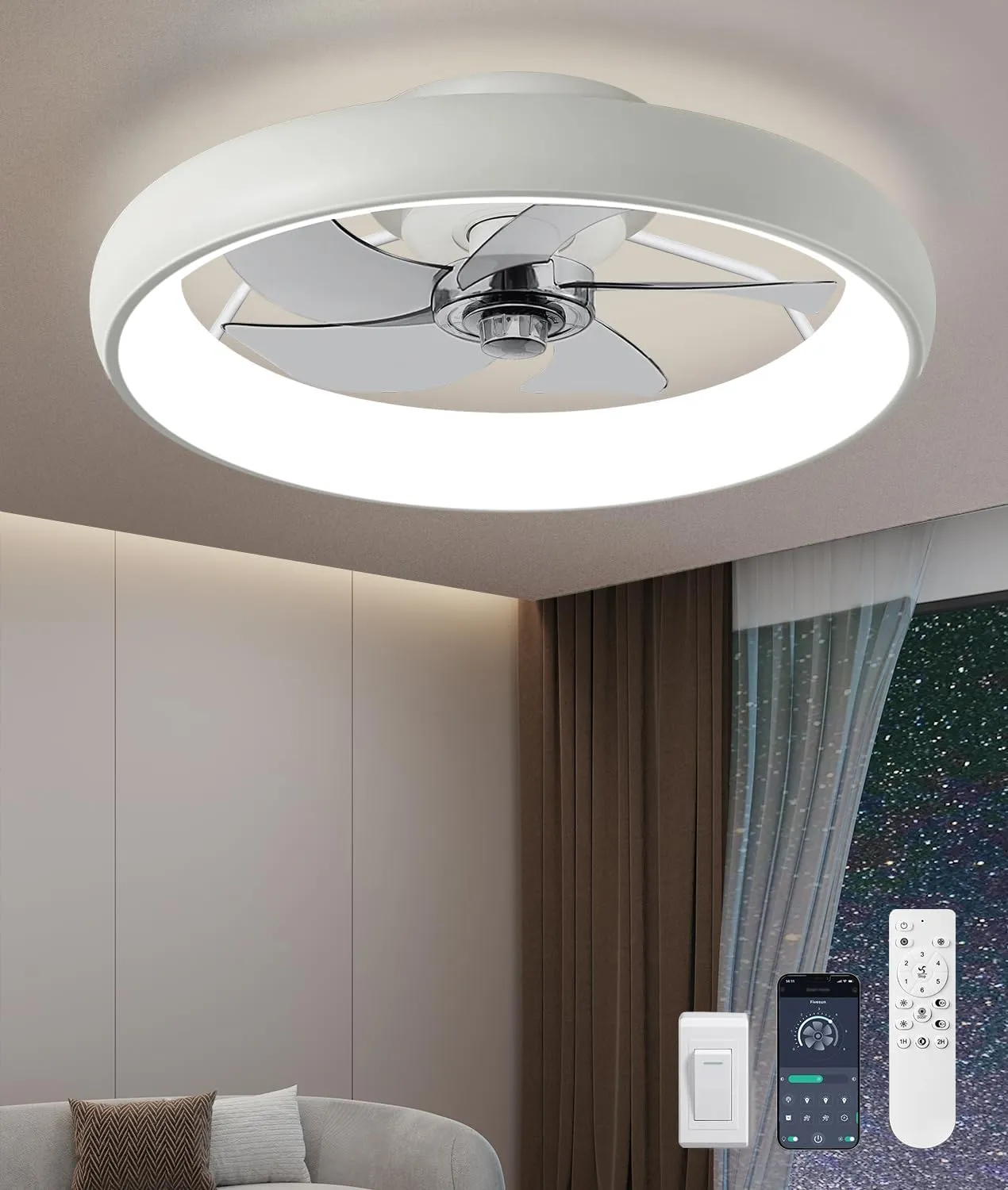 Ultra Low Profile Ceiling Fans with Lights and Remote Ultra Quiet 25 dB, 21" Modern Flush Mount Ceiling Fan LED Ceiling Fan Fandelier Ceiling Milky White App-controlled remote fan for convenience