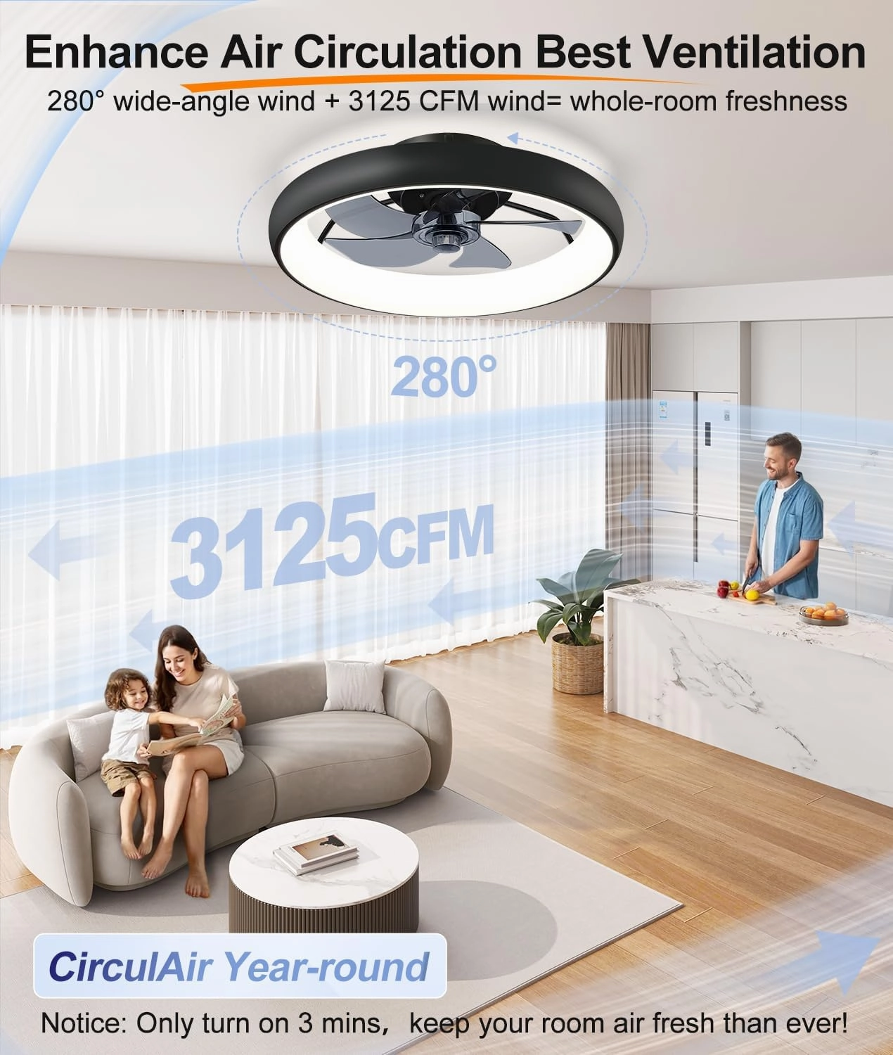 Ultra Low Profile Ceiling Fans with Lights and Remote Ultra Quiet 25 dB, 21" Modern Flush Mount LED Ceiling Fan Fandelier Ceiling Fan for Bedroom Kitchen