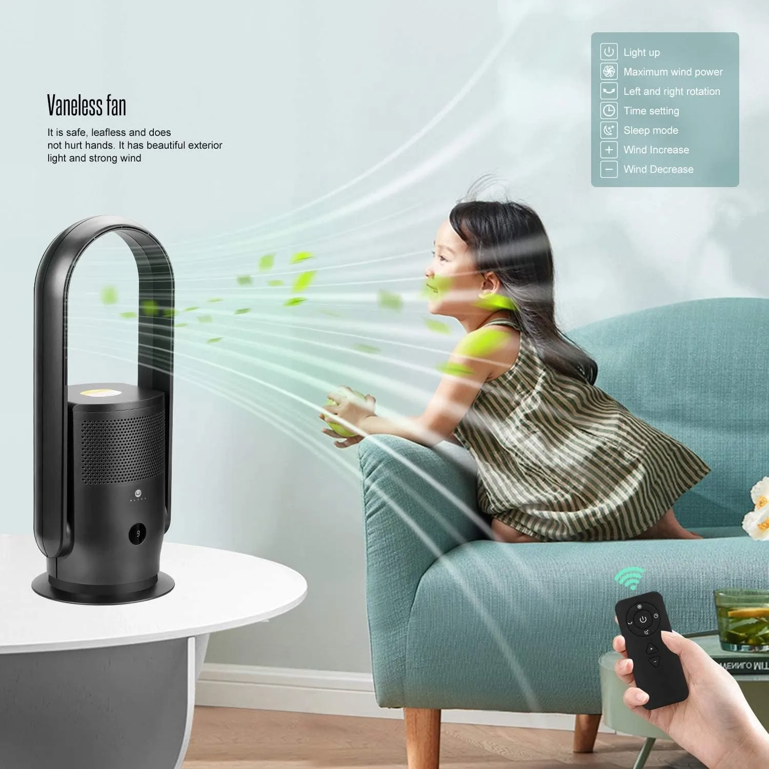 ULTTY Bladeless Tower Fan and Air Purifier in one, 90 Oscillating Bladeless Fan with Remote, Touch, 8H Timer, Floor Fans for Bedroom Whole Room Home Office R021, Black