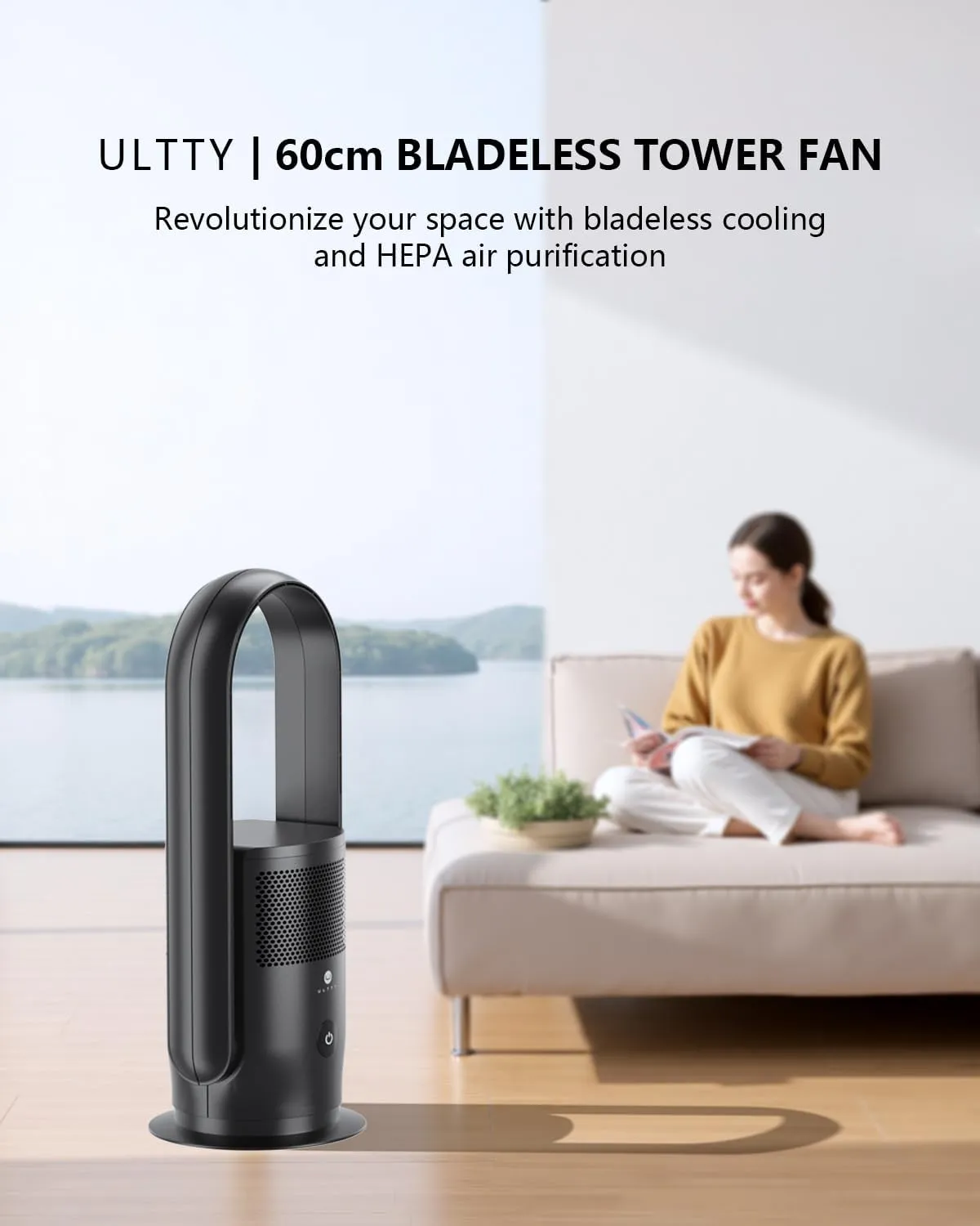 ULTTY Bladeless Tower Fan and Air Purifier in one, 90 Oscillating Bladeless Fan with Remote, Touch, 8H Timer, Floor Fans for Bedroom Whole Room Home Office R021, Black