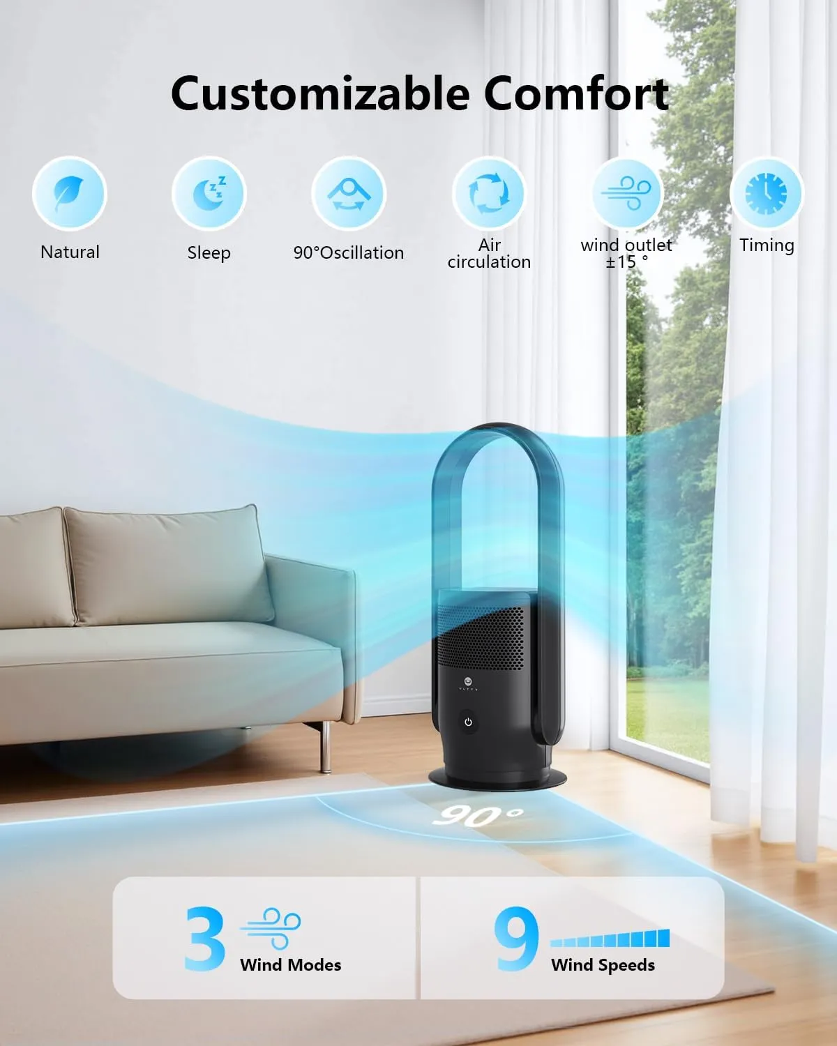 ULTTY Bladeless Tower Fan and Air Purifier in one, 90 Oscillating Bladeless Fan with Remote, Touch, 8H Timer, Floor Fans for Bedroom Whole Room Home Office R021, Black