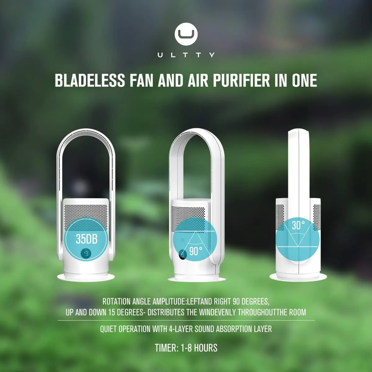 ULTTY Bladeless Tower Fan and Air Purifier in one, 90 Oscillating Bladeless Fan with Remote, Touch, 8H Timer, Floor Fans for Bedroom Whole Room Home Office R021,White
