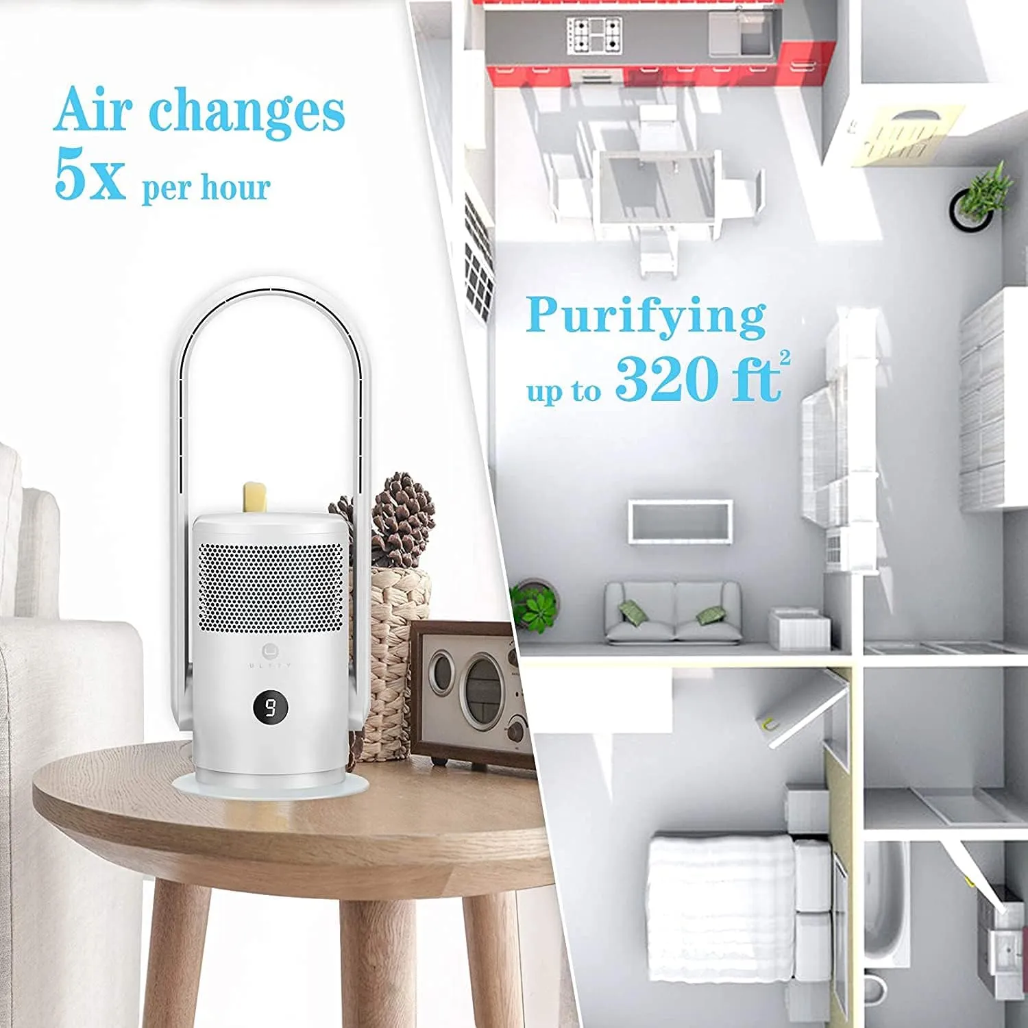 ULTTY Bladeless Tower Fan and Air Purifier in one, 90 Oscillating Bladeless Fan with Remote, Touch, 8H Timer, Floor Fans for Bedroom Whole Room Home Office R021,White
