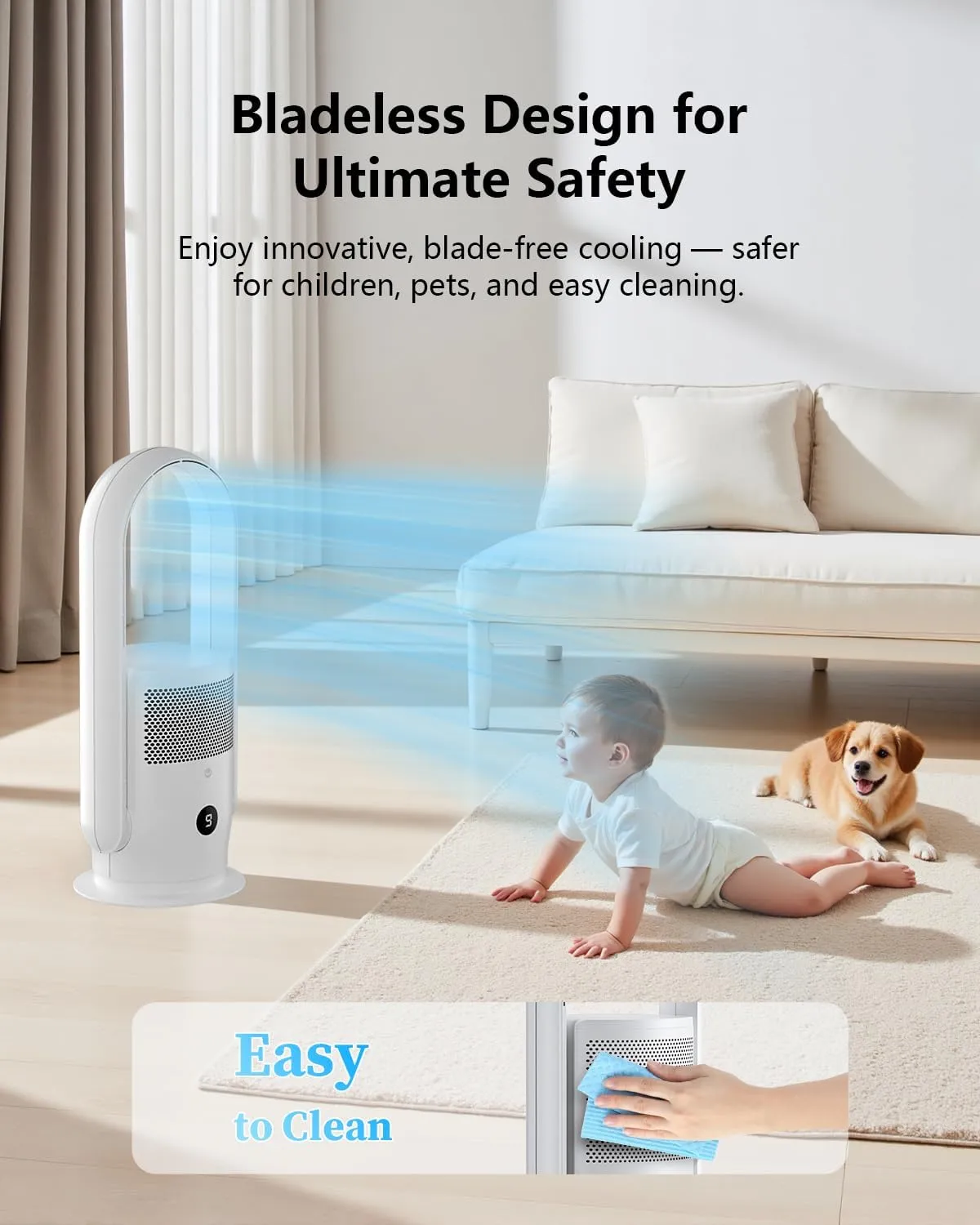 ULTTY Bladeless Tower Fan with Air Purifier, 90 Oscillating Bladeless Fan with Remote, Touch, 8H Timer, Floor Fans for Bedroom Whole Room Home Office R021, White