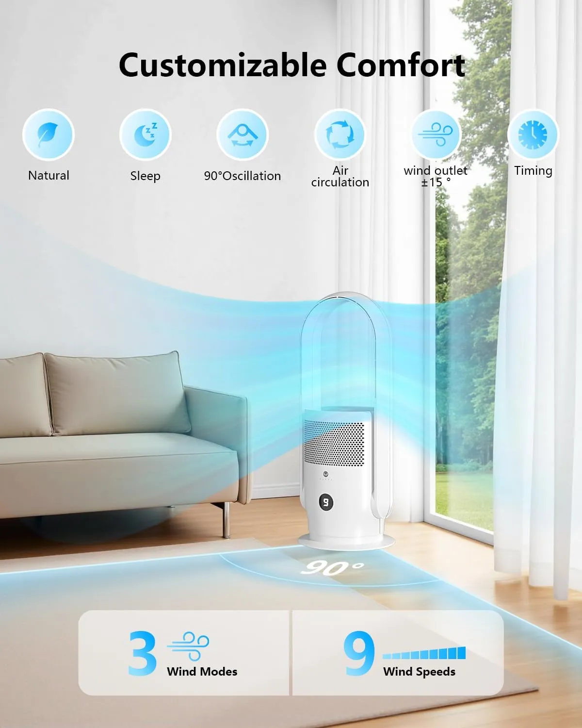 ULTTY Bladeless Tower Fan with Air Purifier, 90 Oscillating Bladeless Fan with Remote, Touch, 8H Timer, Floor Fans for Bedroom Whole Room Home Office R021, White