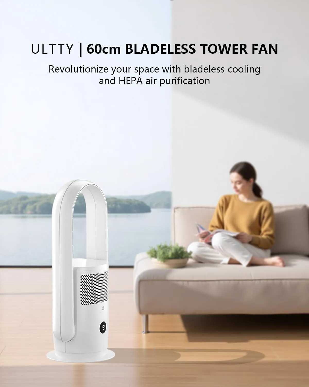 ULTTY Bladeless Tower Fan with Air Purifier, 90 Oscillating Bladeless Fan with Remote, Touch, 8H Timer, Floor Fans for Bedroom Whole Room Home Office R021, White