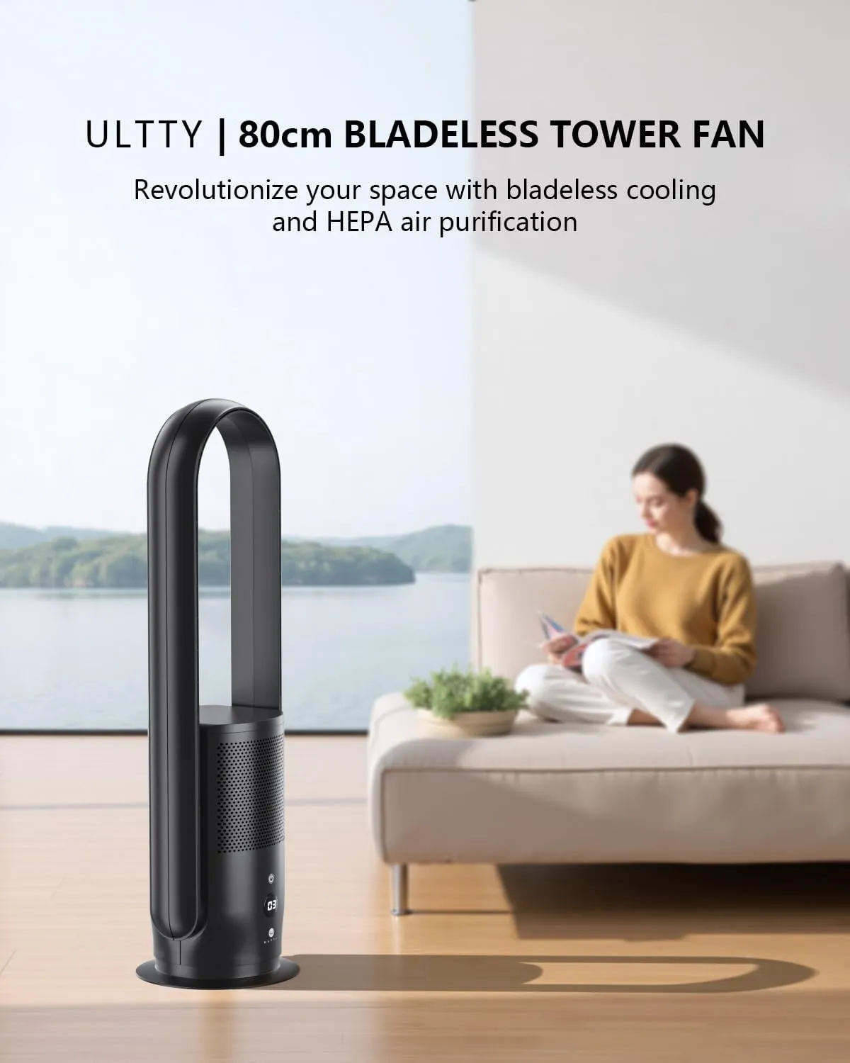 ULTTY Bladeless Tower Fan with HEPA Filter, 90 Oscillating Tower Fan, Remote Control, Touch, 8H Timer, 9 Speeds, Powerful Floor Fan for Bedroom Room Home Office, CR022, Black