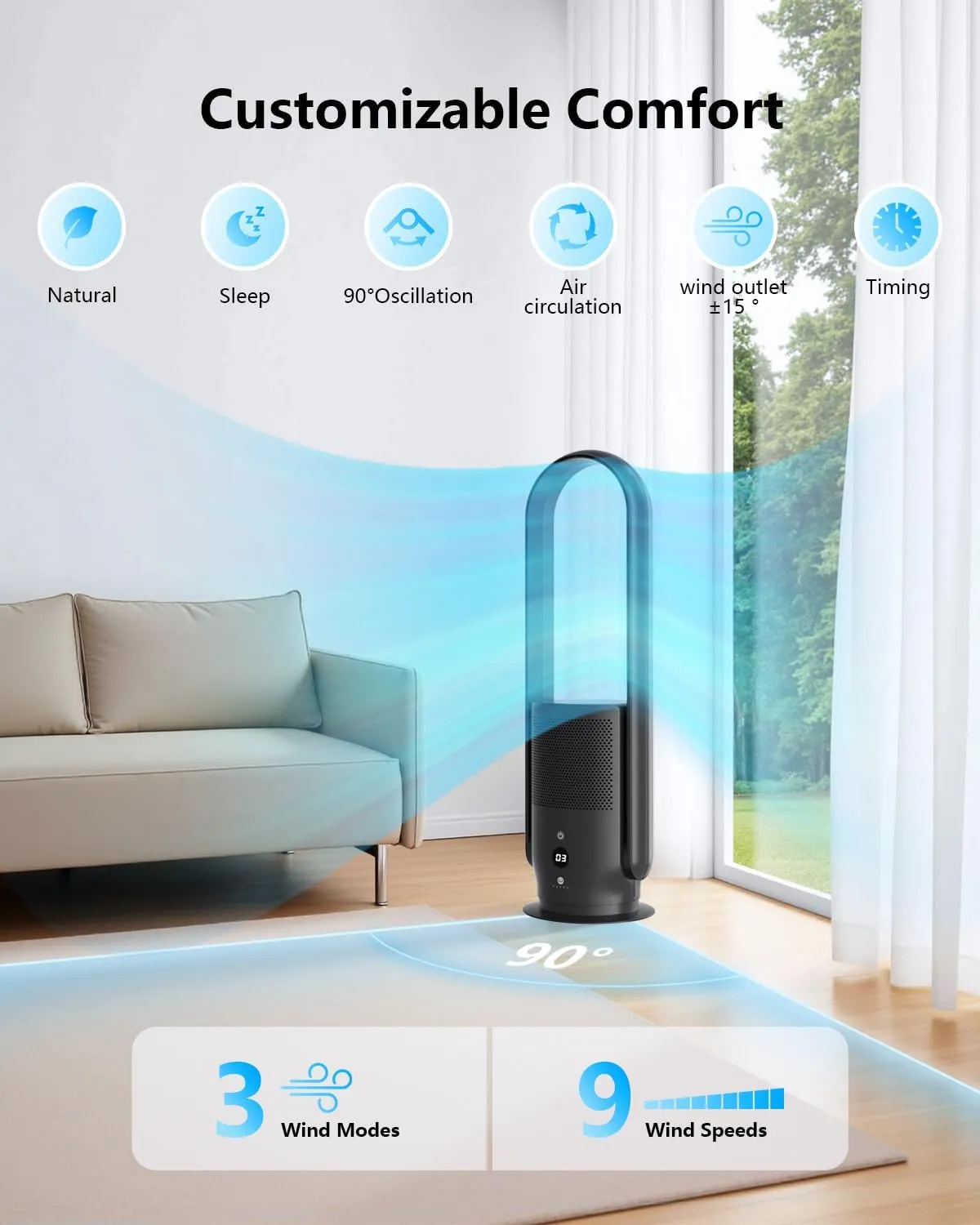 ULTTY Bladeless Tower Fan with HEPA Filter, 90 Oscillating Tower Fan, Remote Control, Touch, 8H Timer, 9 Speeds, Powerful Floor Fan for Bedroom Room Home Office, CR022, Black