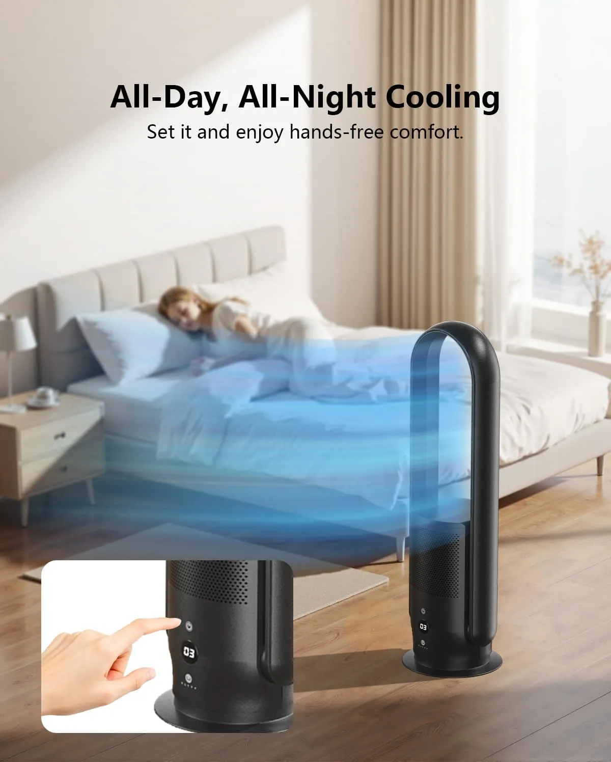 ULTTY Bladeless Tower Fan with HEPA Filter, 90 Oscillating Tower Fan, Remote Control, Touch, 8H Timer, 9 Speeds, Powerful Floor Fan for Bedroom Room Home Office, CR022, Black