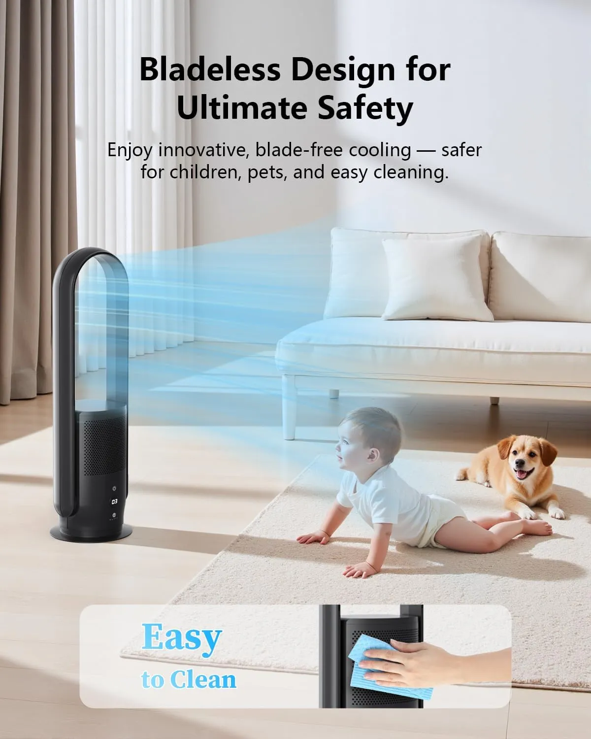 ULTTY Bladeless Tower Fan with HEPA Filter, 90 Oscillating Tower Fan, Remote Control, Touch, 8H Timer, 9 Speeds, Powerful Floor Fan for Bedroom Room Home Office, CR022, Black