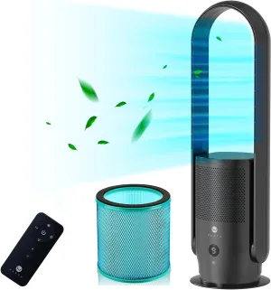 ULTTY Bladeless Tower Fan with HEPA Filter, 90 Oscillating Tower Fan, Remote Control, Touch, 8H Timer, 9 Speeds, Powerful Floor Fan for Bedroom Room Home Office, CR022, Black Small bladeless fan for quiet cooling