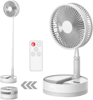 UN UNITEDTIME Foldable Fan Foldaway Oscillating with Remote Control, 10800mAh Rechargeable Battery Operated Portable for Camping, 4 Speed, Timer, Height Adjustment for Travel, Outdoor (White) Battery-powered portable fan