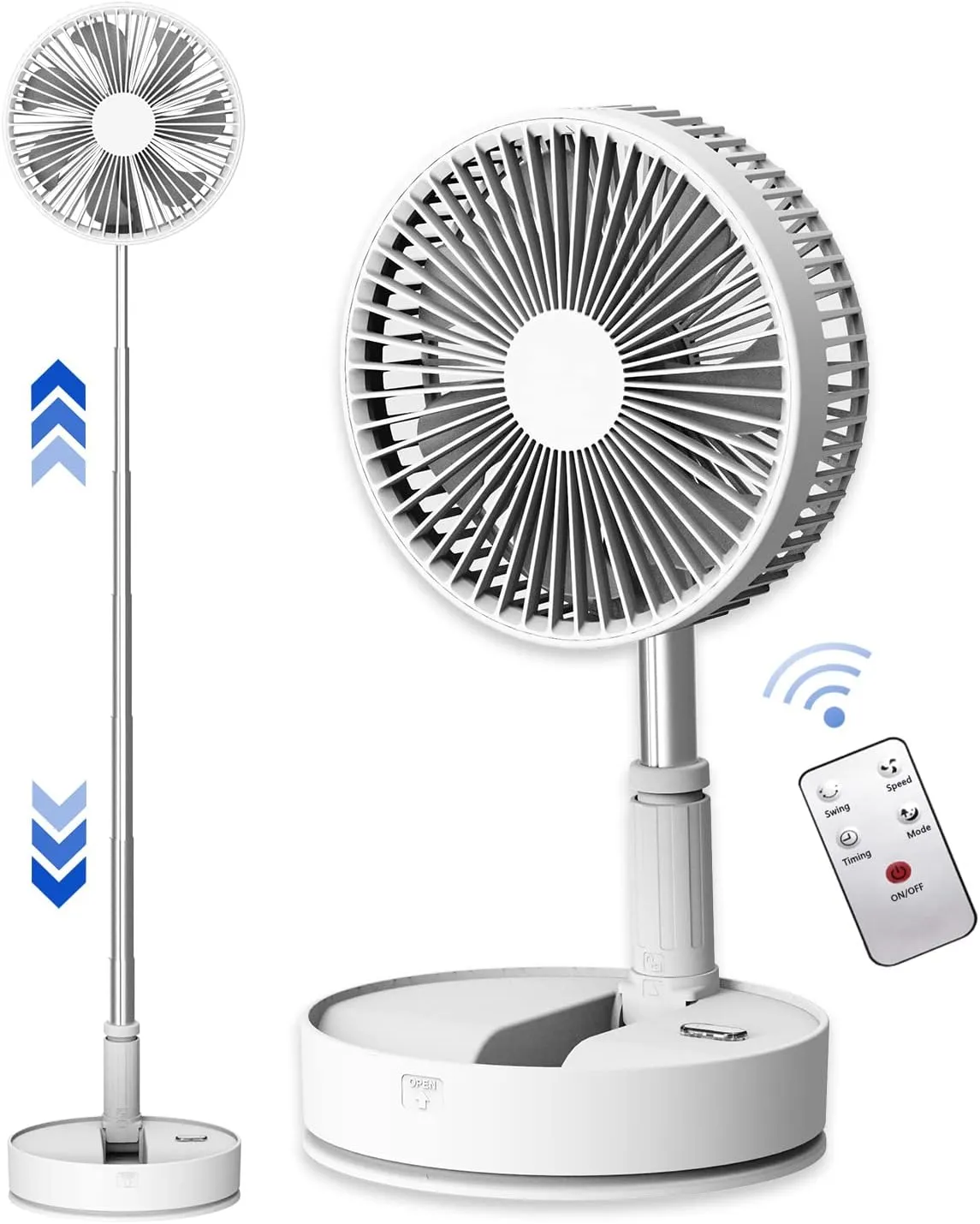 UN UNITEDTIME Oscillating Fan with Remote Control, 7200mAh Rechargeable Battery Operated Travel for Camping, 4 Speed, Timer, Height Adjustment Portable Foldable Fan for Travel, Outdoor, Home (White) Battery-powered portable fan